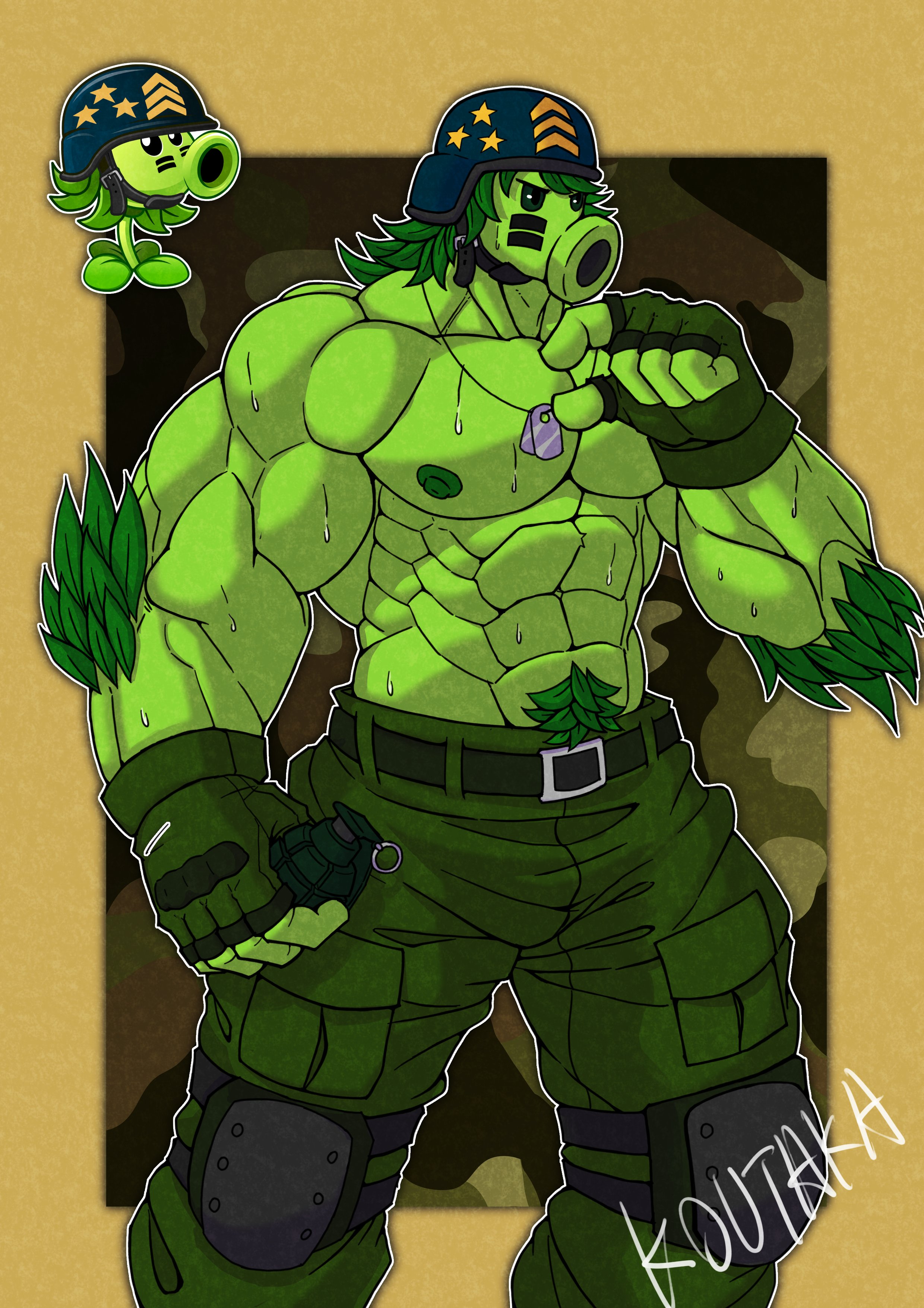 1boy, abs, anthro, anthrofied, bara, belt, black gauntlets, camouflage, cartoon, cartoony, digital drawing (artwork), digital media (artwork), electronic arts, face paint, gatling pea (pvz), gauntlets, gay, green belt, green body, green eyes, green gloves, green pants, green penis, green skin, hair over one eye, half naked, half nude, humanoid, knee pads, koutaka, leaf, leaf hair, male, male focus, male only, mega gatling pea (pvz), military clothing, military pants, muscles, muscular, muscular anthro, muscular male, naked, nipples, orange background, penis, plants vs zombies, plants vs zombies 2: it's about time, plants vs. zombies, pubes, pubic hair, pvz, simple background, sole male, solo, solo focus, solo male, yaoi