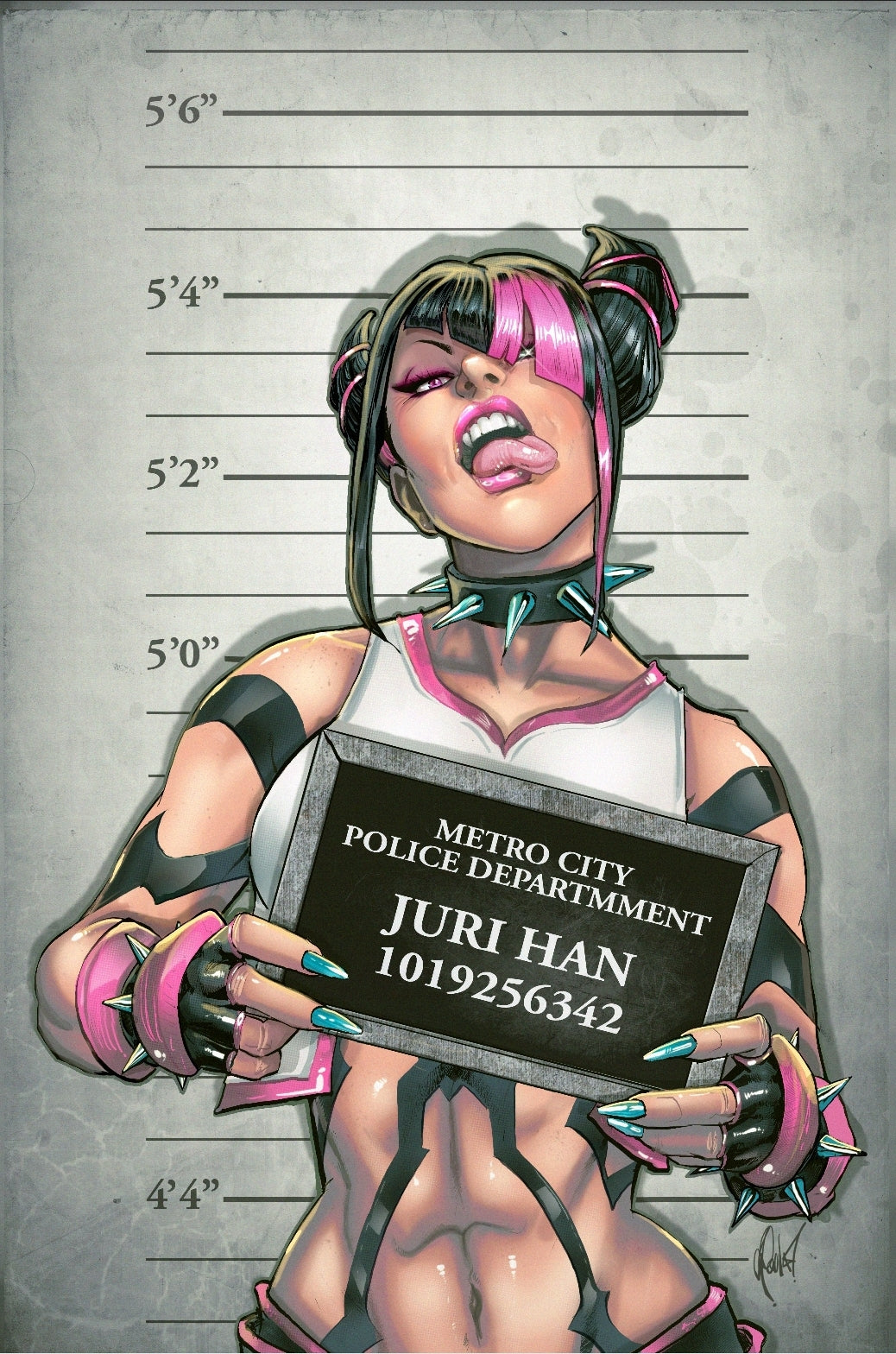 1girls, abs, artist signature, bad bitch, bitch, black hair, capcom, cedric poulat, female, juri han, mugshot, pink eyes, street fighter, street fighter 6, tagme, toned, toned female, tounge out, twintails, two-tone eyes