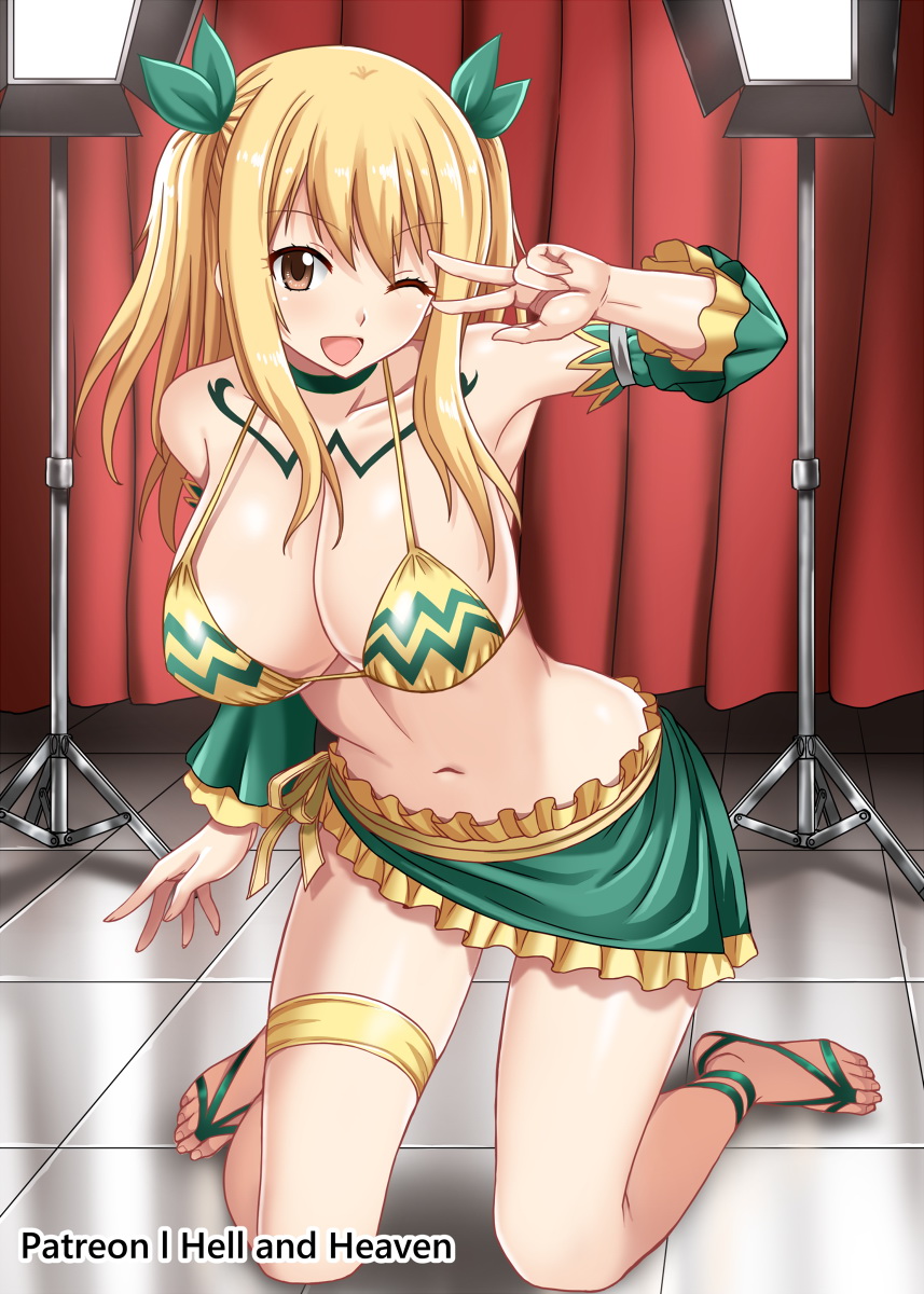 1girls, bangs, bare shoulders, bikini, bikini top, blonde, blonde hair, blonde-haired female, blush, bra, breasts, brown eyes, chest tattoo, choker, cleavage, collarbone, curtain, detached sleeves, eyebrows visible through hair, facing viewer, fairy tail, feet, female, floor, full body, green ribbons, green tattoo, hair ornament, hair ribbon, half updo, hand up, happy, hellandheaven, highres, huge breasts, indoors, kneeling, long hair, looking at viewer, lucy heartfilia, midriff, navel, one eye closed, one eye open, ribbon, room, sandals, sash, sitting, skirt, smile, solo, solo female, spotlight, swimsuit, tattoo, tattoo on chest, tattooed chest, tile floor, tiles, twintails, underwear, wink