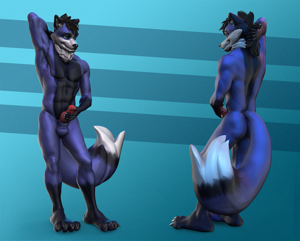 3d anthro balls blue_fur canid canine duoduoduo erection fox fur hair invalid_tag male mammal nude penis sculpt simple_background smile solo zannos zbrush