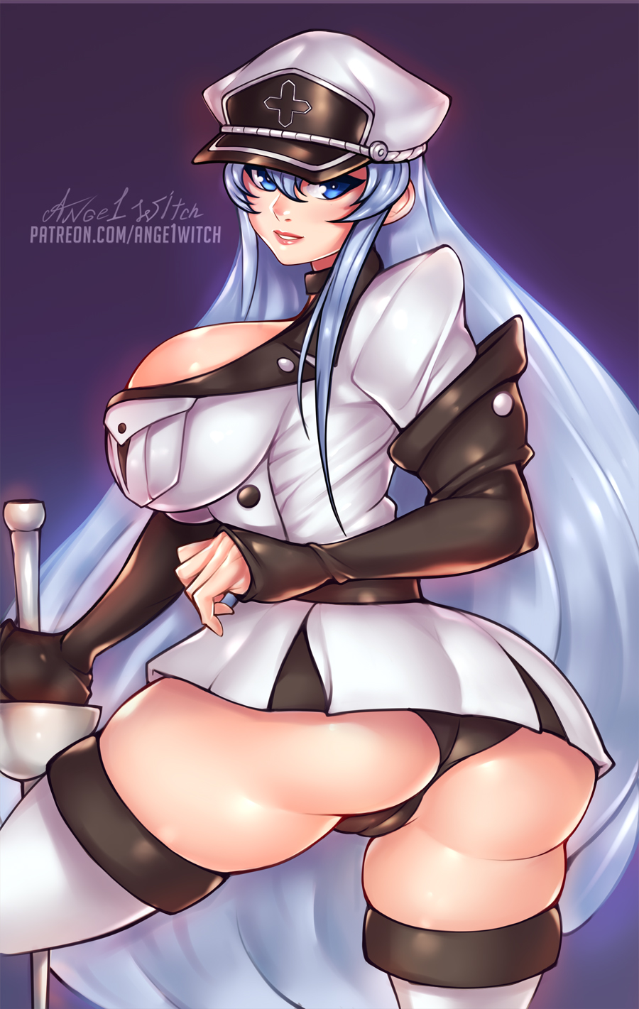 1girls, akame ga kill!, ange1witch, artist name, ass, big ass, big breasts, blue eyes, breasts, clothing, curvy, esdeath (akame ga kill!), female, female only, huge ass, huge breasts, long hair, solo, uniform, very long hair, watermark