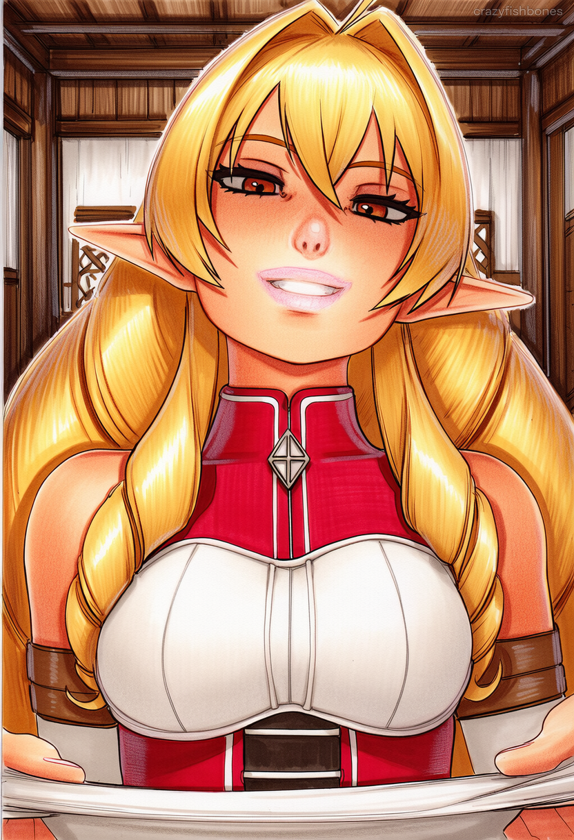 2025 ai_generated artist_name blonde_hair breasts crazyfishbones elf elinalise_dragonroad female large_breasts long_hair looking_at_viewer pointy_ears solo upper_body