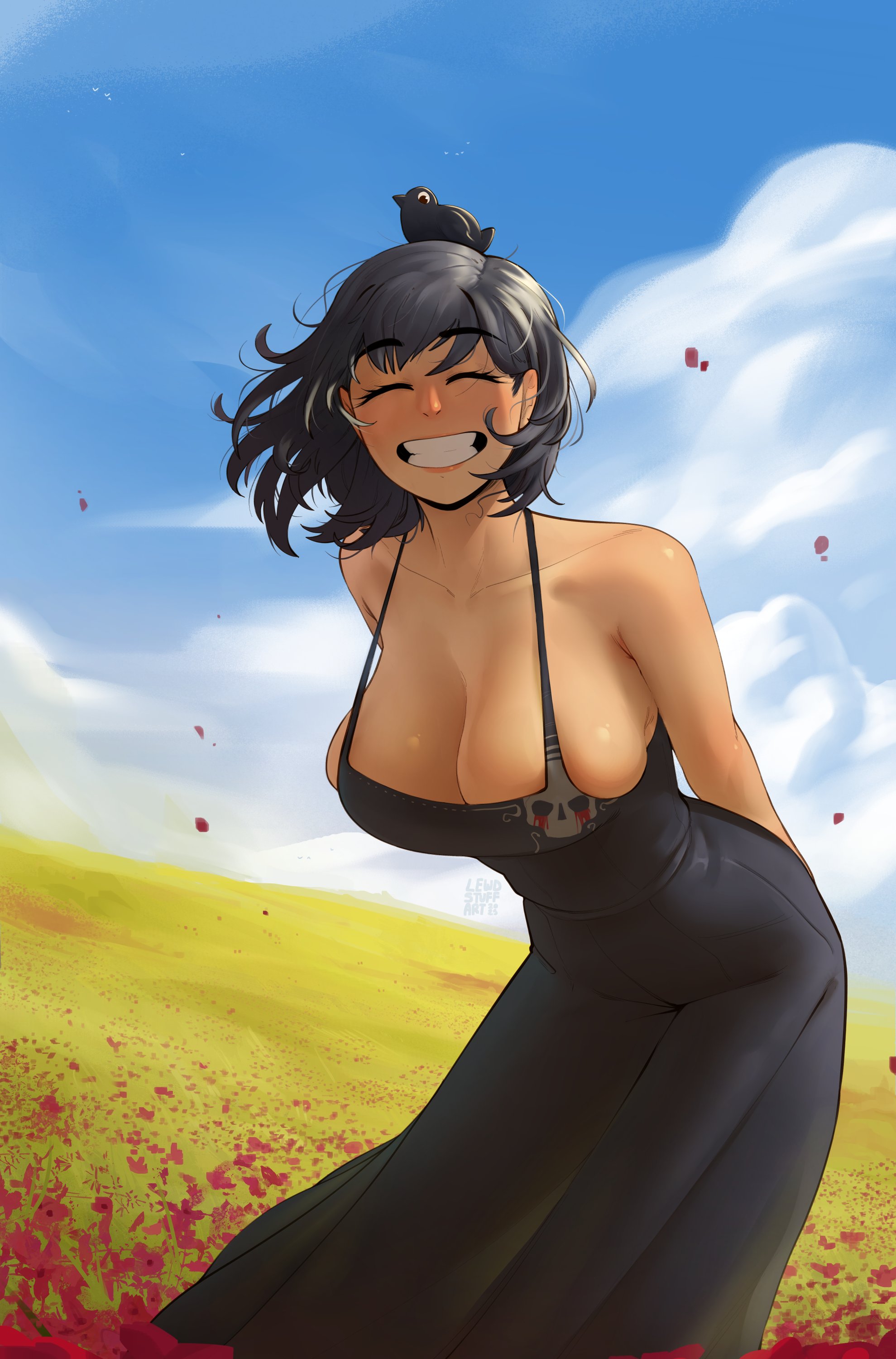 1girls, big breasts, bird, bird on head, black dress, black hair, breasts, bursting breasts, cleavage, commission, day, dress, facing viewer, female, flower field, grin, large breasts, leaning forward, lewdstuff, long dress, medium hair, nature, no bra, original, outdoors, smile, solo, spaghetti strap, sundress