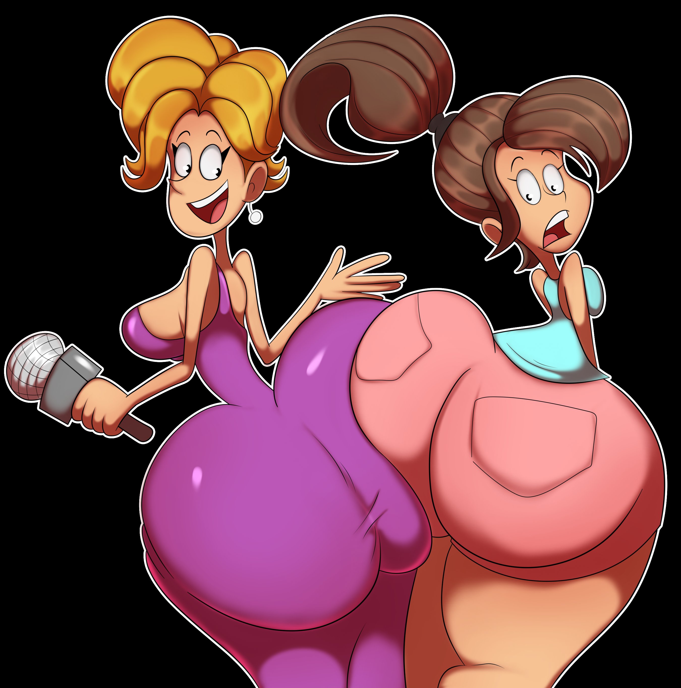 2025, 2girls, 5 fingers, ankle socks, anklehighs, ass, ass in dress, big ass, black eyes, blonde hair, bottom heavy, bottomless, bottomless female, breasts, brown hair, bubble ass, bubble butt, clothed, clothing, color, colored, dottie winslow, dress, earrings, faceless female, female, female only, gigantic ass, hand on ass, hand on own ass, huge ass, large ass, marmaduke (2022 movie), marmaduke (series), massive ass, meat wall (body type), microphone, milf, netflix, oboithisisfunky, oddrich, ponytail, shaded, shorts, showgirl (marmaduke), sideboob, simple background, small breasts, sneakers, socks, tagme, tank top, thick, thick thighs, white socks, wiggle lines
