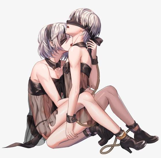 1boy, 1girls, black lingerie, blindfold, chains, collar, crossdressing, cute, female, hug, licking, licking neck, lingerie, love, male, nier: automata, passionate, short hair, straight, tagme, white hair, yorha 2b, yorha 9s