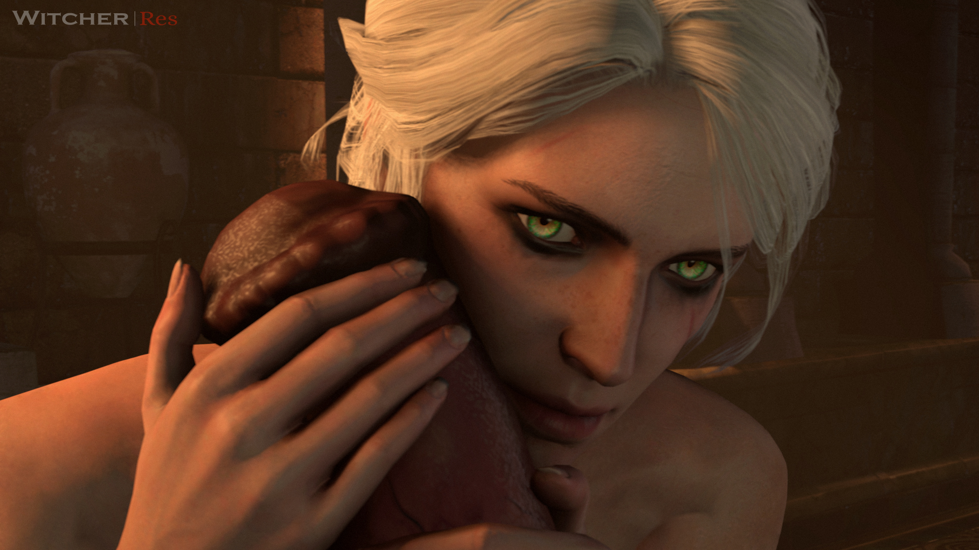 1girls, 3d, abs, bart, cd projekt red, ciri, eye contact, eyeshadow, female, flared penis, freckles, gigantic penis, green eyes, hand on penis, hands on penis, huge cock, imminent oral, it'll never fit, male, monster, monster cock, oral, penis, penis grasp, penis hug, petite, pov, scar, seductive eyes, slim, source filmmaker, the witcher (series), the witcher 3: wild hunt, thick penis, tied hair, troll (the witcher), white hair, witcherres