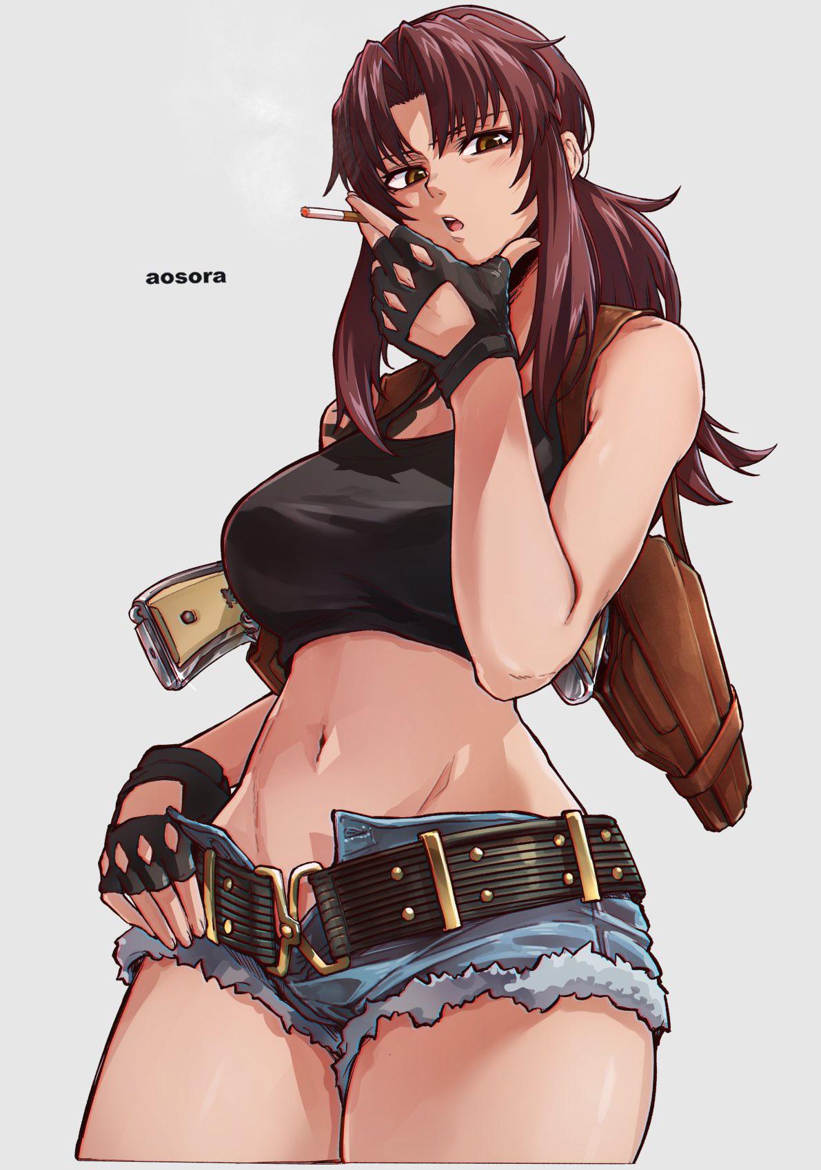 1girls, 2025, 2d, 2d (artwork), aosora, bag, bare shoulders, belt, beretta 92 (weapon), black gloves, black lagoon, black tank top, breasts, brown eyes, brown hair, cigarette, clothed, clothed female, clothing, crop top, cropped legs, cutoffs, denim, denim shorts, female, female only, fingerless gloves, gloves, gun, guns, holding, holding cigarette, holster, large breasts, long hair, looking at viewer, midriff, navel, open mouth, pistols, ponytail, questionable, revy, sfw, shirt, short shorts, shorts, shoulder holster, simple background, sleeveless, smoking, solo, solo female, tank top, tattoo, weapon, weapons, white background