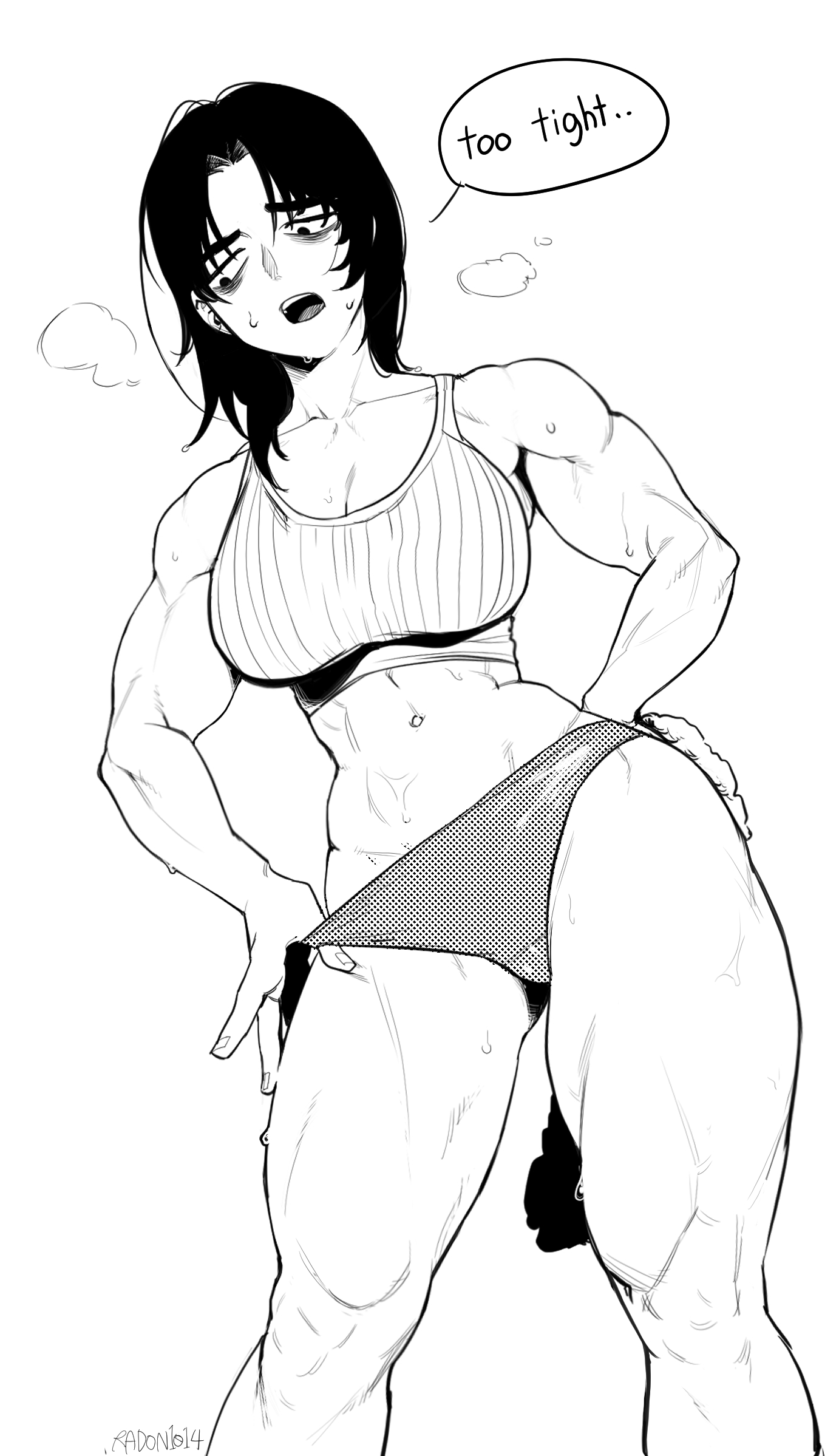 1girls, abs, athletic, athletic female, biceps, big arms, big breasts, black and white, black hair, breasts, character request, dialogue bubble, eye bags, female, female focus, female only, fit, fit female, gym clothes, large biceps, large breasts, looking down, midriff, midriff showing, monochrome, muscular, muscular arms, muscular female, muscular legs, open mouth, original, original character, pulling panties, radon1014, scantily clad, solid color background, solo, solo female, solo focus, sports bra, sweat, sweating, talking, talking to self, thick thighs, tugging clothing, underwear, white background