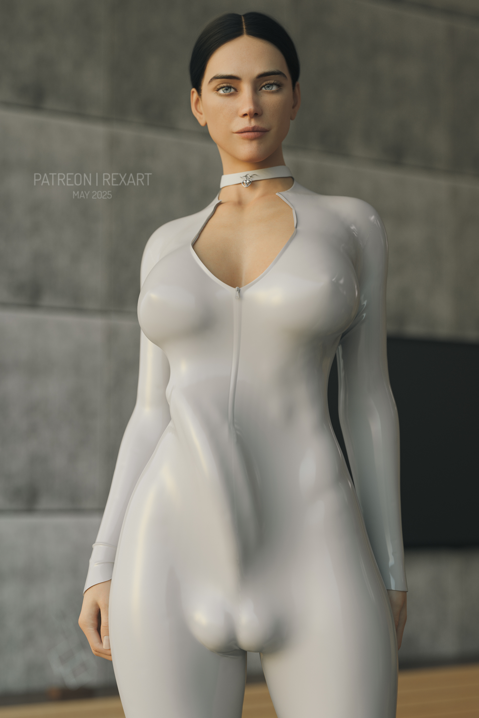 1futa, 2025, 3d, 3d (artwork), 3d model, 3d render, 3dx, artist name, balls, balls bulge, big balls, big penis, black hair, blue eyes, bodysuit, breasts, breasts bulge, brown hair, bulge, bulge through clothing, chocker, collar, dark hair, day, daytime, daz studio, dickgirl, eye contact, eyebrows, eyelashes, eyes, futa only, futanari, hi res, highres, huge balls, huge cock, human, indoors, intersex, jenn (rexart), large balls, large penis, latex, latex bodysuit, latex clothing, latex suit, light skin, light-skinned futa, looking at viewer, original, original character, patreon, patreon username, penis, penis bulge, realistic, rexart, secrets of rockfield, self upload, smile, smiling, smiling at viewer, solo, solo futa, suit, tagme, testicles, uncensored