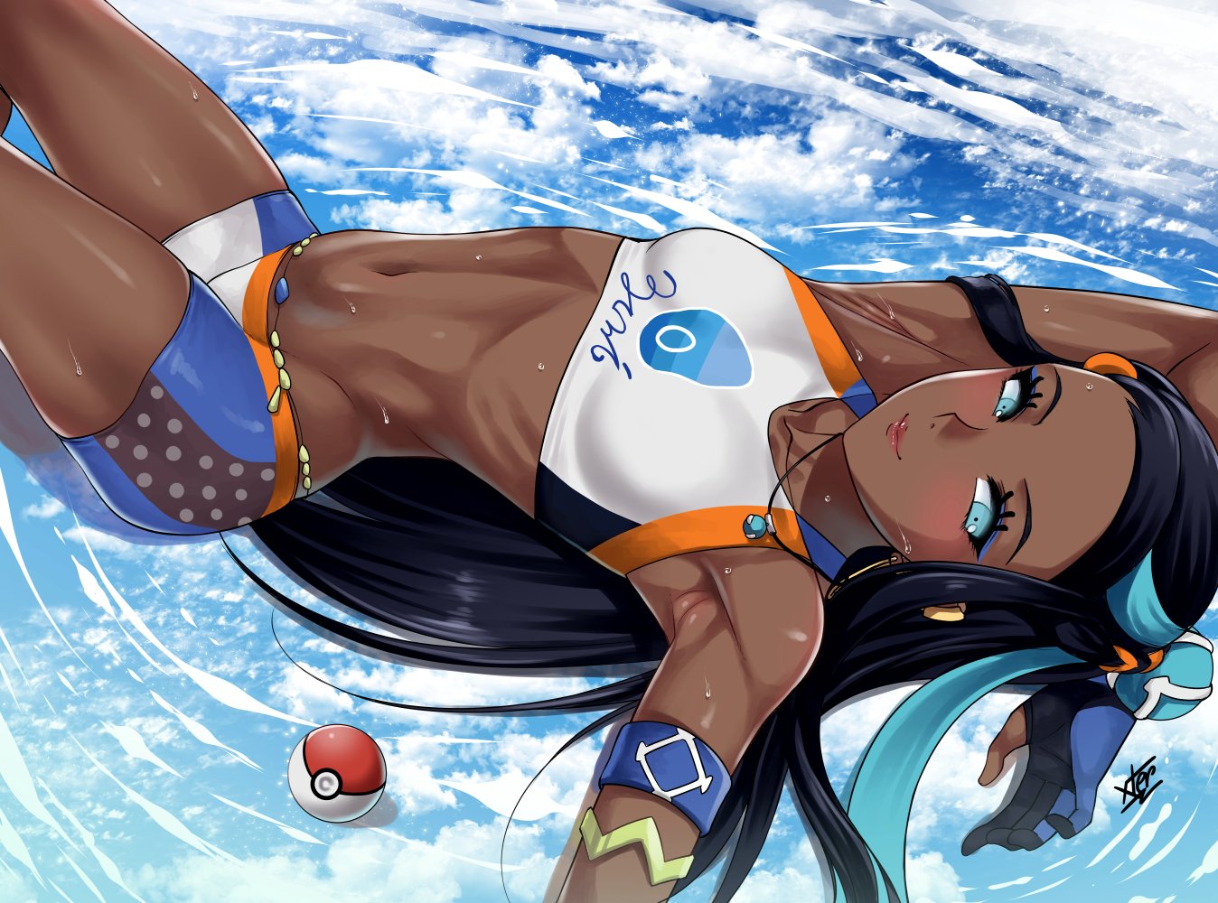 1girls, abs, armpits, arms up, ass, belly, black hair, black-haired female, blue background, blue eyes, blue hair, bracelet, breasts, clothed, dark skin, dark-skinned female, eye contact, eyelashes, eyeshadow, female, female only, fit, gloves, human, looking at viewer, makeup, muscular, muscular female, muscular legs, navel, necklace, nessa (pokemon), nintendo, on back, poke ball, pokemon, pokemon ss, shirt, shorts, small breasts, solo, spread arms, text, thick thighs, water, watermark, wide hips, xtermination