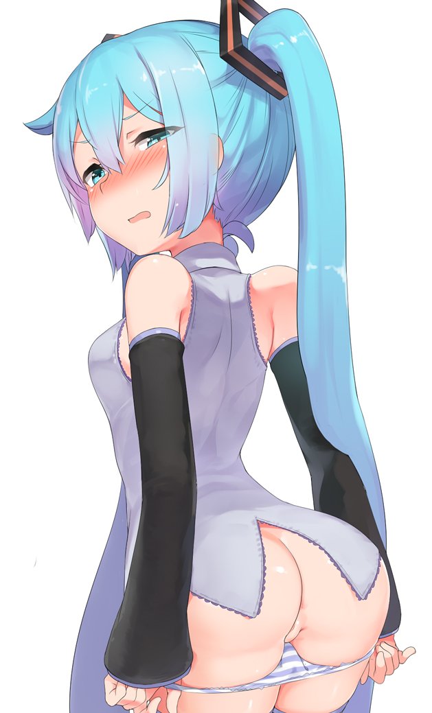 abmayo ass blue_eyes blue_hair blush blushing hatsune_miku looking_back panties_around_leg panties_down pulling_panties_down pussy tagme twintails vocaloid