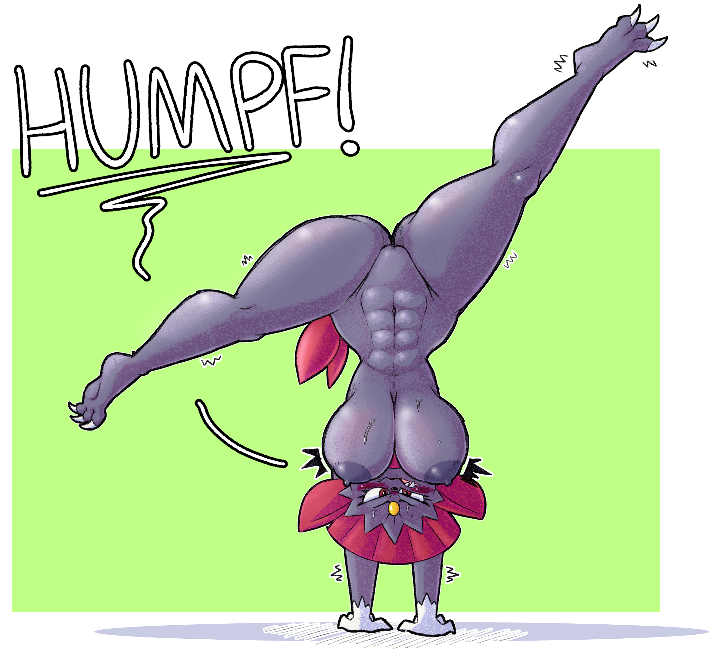 1girls, 3 toes, 5 fingers, abs, anthro, anthrofied, areolae, ass, belly, big ass, big breasts, blue fur, blush, breasts, claws, eye contact, feet, female, female only, flexible, furry, green background, half-closed eyes, handstand, hanging breasts, hi res, huge ass, huge breasts, iamaneagle (artist), large ass, large breasts, looking at viewer, motion lines, muscular, muscular female, navel, nintendo, nipples, nude, open mouth, original character, pokémon (species), pokemon, pokemon (species), pokemon dppt, pokemorph, pussy, red eyes, red fur, smile, soles, solo, splits, spread legs, spreading, sweat, teeth, text, thick thighs, tongue, trembling, upside-down, upside-down splits, video games, weavile, white border, wide hips, wince