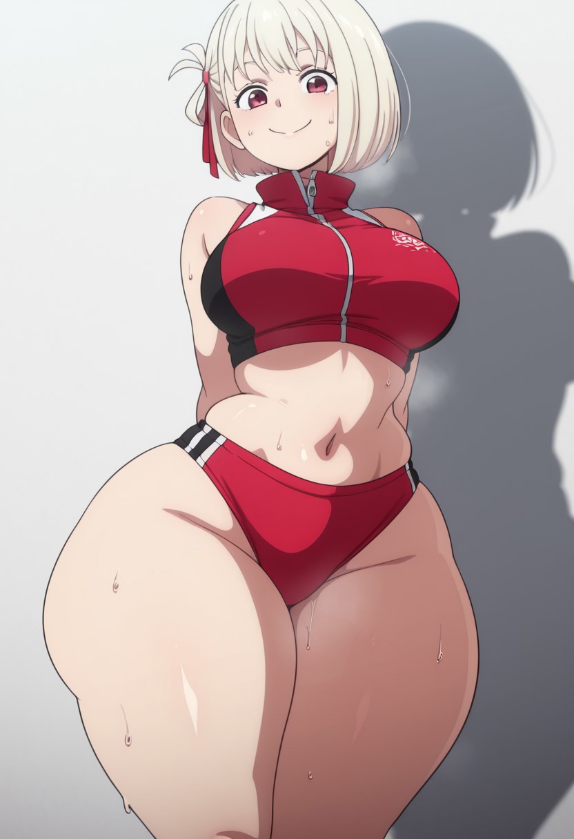 1girls ai_generated big_breasts blackwhiplash_(style) blonde_hair breasts child_bearing_hips female huge_breasts large_breasts lycoris_recoil nishikigi_chisato red_buruma short_hair sportswear thick_thighs thighs wide_hips