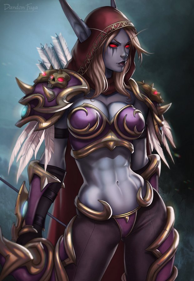 1girls, abs, armor, blizzard entertainment, blonde, blonde hair, blue skin, cape, clothed, dandon fuga, elf, female, female focus, female only, grey skin, hood, hooded, image, muscular, muscular female, pointy ears, purple lips, purple lipstick, quiver, red eyes, safe, sfw, simple background, sylvanas windrunner, undead, undead (warcraft), warcraft, world of warcraft