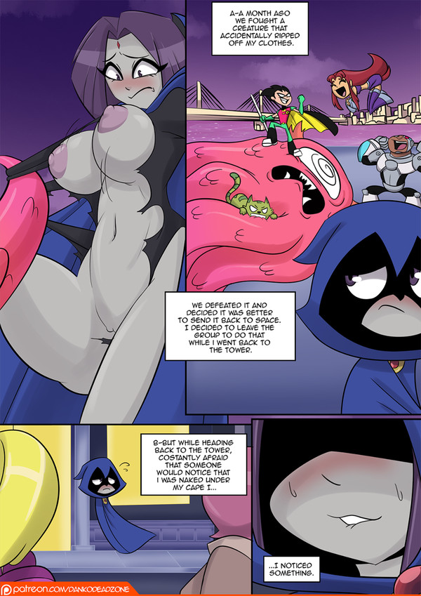 beast boy, big breasts, breasts, cloak, clothing, comic, covering, cyborg (dc), dankodeadzone, dc, dc comics, dick grayson, embarrassed, english text, exhibitionism, female, garfield logan, male, naked cloak, nude, pussy, rachel roth, raven (dc), robin (dc), robin (dick grayson), starfire, straight, teen titans, tentacle, tentacle monster, torn clothes