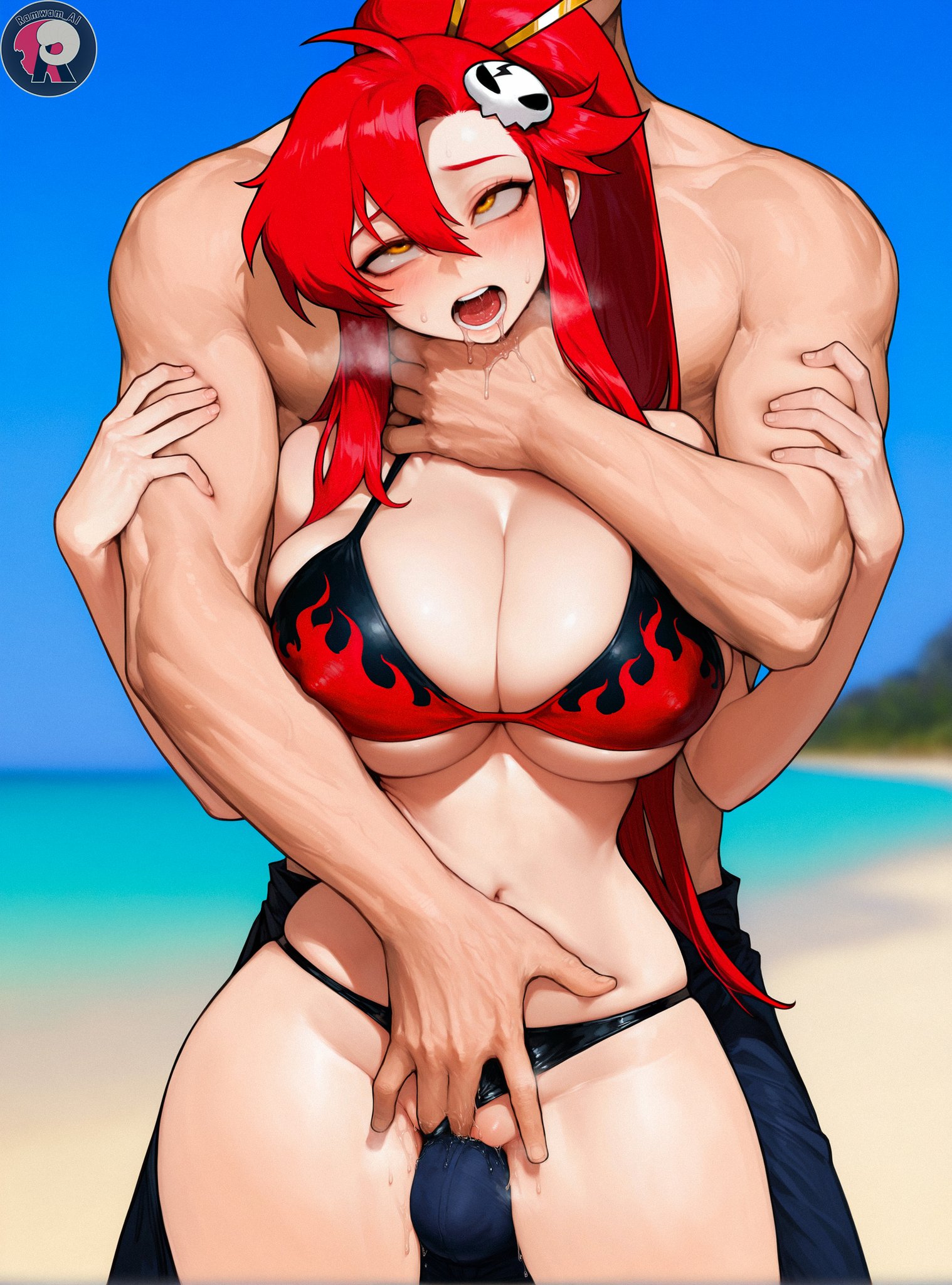 1boy, 1girls, ai generated, bare arms, bare legs, bare shoulders, bare thighs, big breasts, bikini, bikini top, blush, breasts, bulge, choking, color, female, hi res, large breasts, light skin, light-skinned female, long hair, male, male/female, masturbating, masturbation, muscular, muscular male, pussy, ramwam, red hair, tengen toppa gurren lagann, thick thighs, yoko littner
