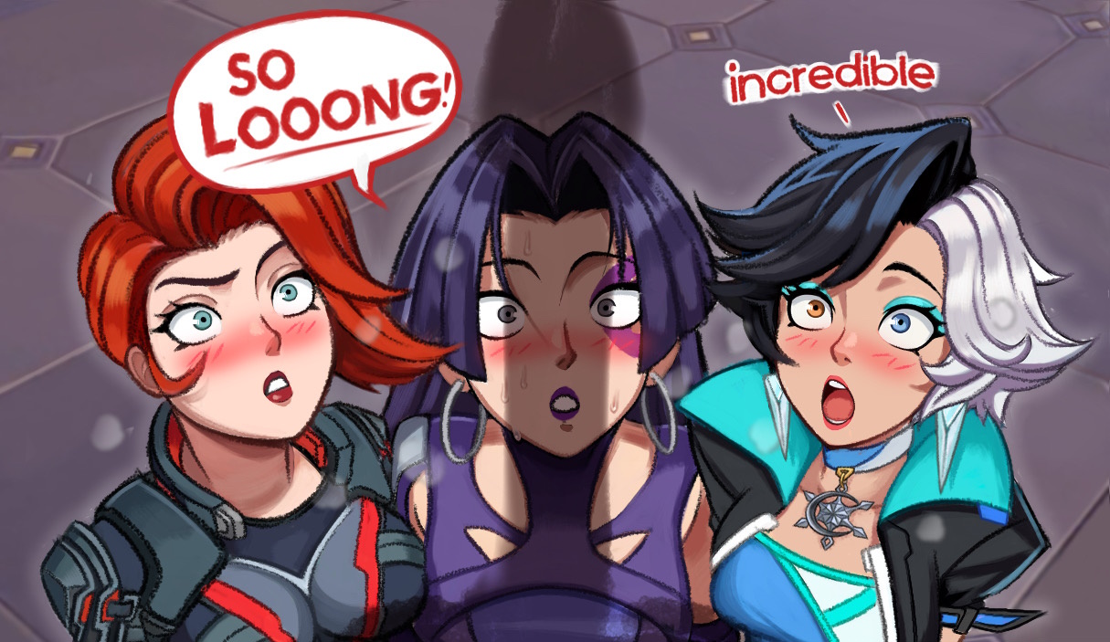 1boy, 3girls, avengers, bigger male, black hair, black widow (marvel rivals), black widow (marvel), elastic, elastic penis, english text, faceless male, fantastic four, female, femsub, foursome, heterochromia, imminent oral, imminent sex, large penis, light skin, light-skinned female, looking at penis, luna snow, luna snow (marvel rivals), male, maledom, marvel, marvel comics, marvel rivals, massive penis, neggoartz, open eyes, penis, penis awe, penis out, penis shadow, psylocke, psylocke (sai) (vengeance), red hair, reed richards, shadow, size difference, smaller female, speech bubble, x-men
