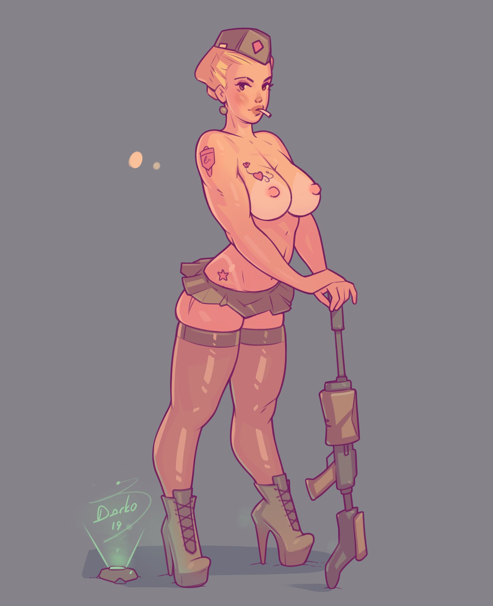 2d, big breasts, breasts, cigarette, darkodraws, female, female only, high heel boots, light skin, light-skinned female, nipples, pale skin, pale-skinned female, pink nipples, rifle, simple background, skirt, solid color background, solo, tan, tanline, tanlines, thighhighs, watermark