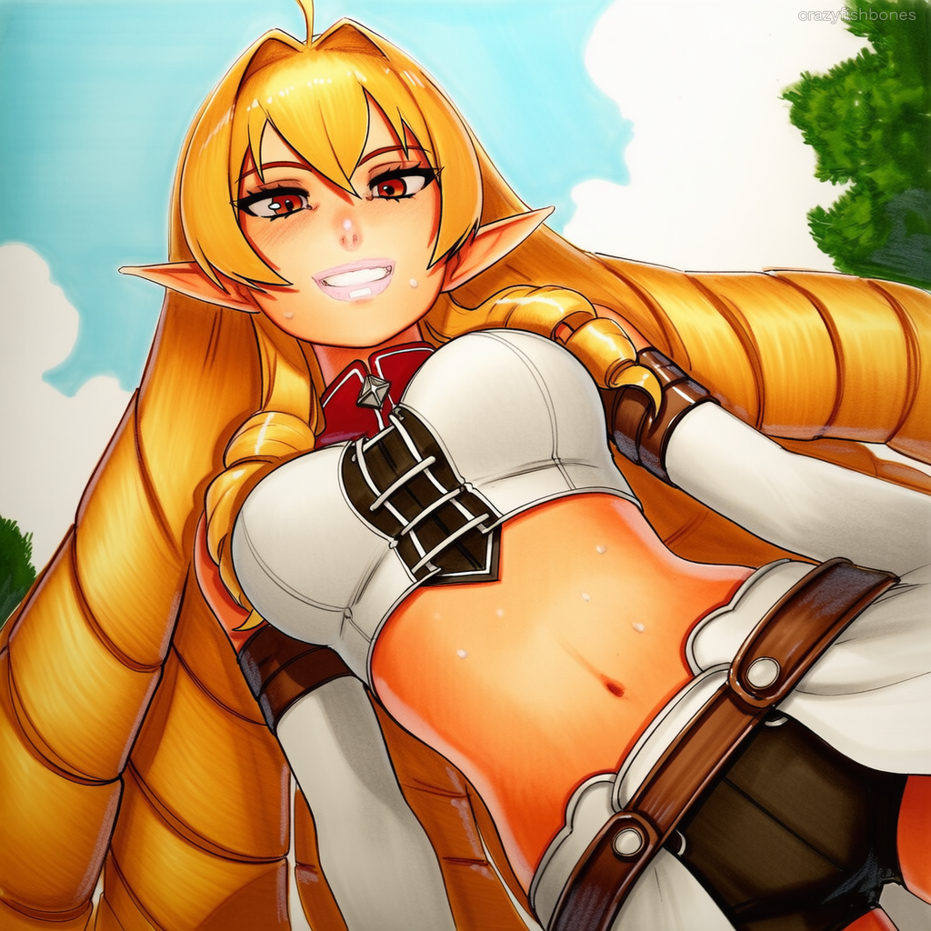 2025 ai_generated artist_name blonde_hair breasts crazyfishbones elf elinalise_dragonroad female gloves long_hair mushoku_tensei navel pointy_ears smile solo