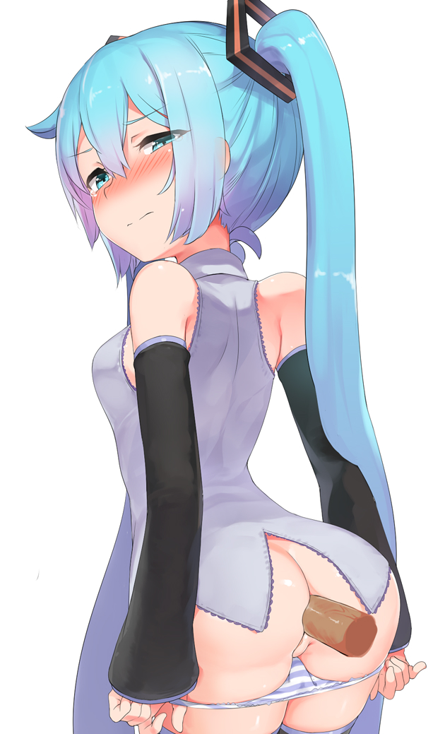 1boy, 1girl, 1girls, abmayo, anal, anal sex, anus, aqua eyes, aqua hair, ass, bangs, bare shoulders, blue hair, blush, breasts, closed mouth, cowboy shot, detached sleeves, disembodied penis, erection, female, from behind, hair between eyes, hair ornament, hatsune miku, hetero, long hair, looking at viewer, looking back, male, panties, panty pull, penetration, penis, pussy, sex, shirt, simple background, sleeveless, solo focus, straight, striped, striped panties, thighhighs, twintails, uncensored, underwear, very long hair, vocaloid, white background