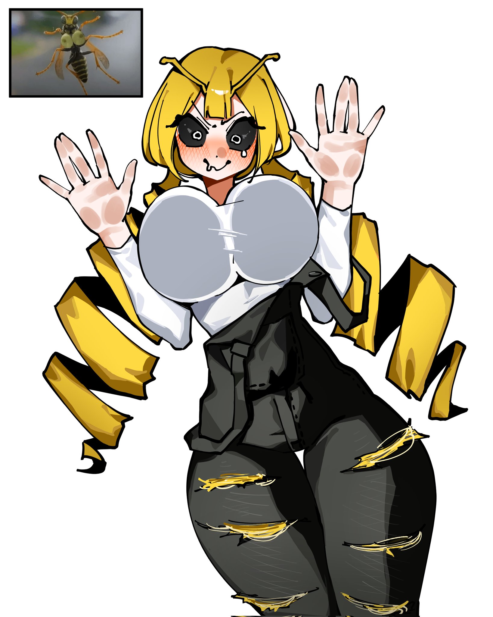 1girls, against glass, against surface, against wall, arthropod girl, big breasts, blush, breasts, breasts on glass, drooling, female, gaga onon, humanized, insect girl, looking at viewer, magumbo hornet, on glass, pressed against, pressed on glass, pressing breasts, saliva, tears, wasp, wasp girl, wasp waist
