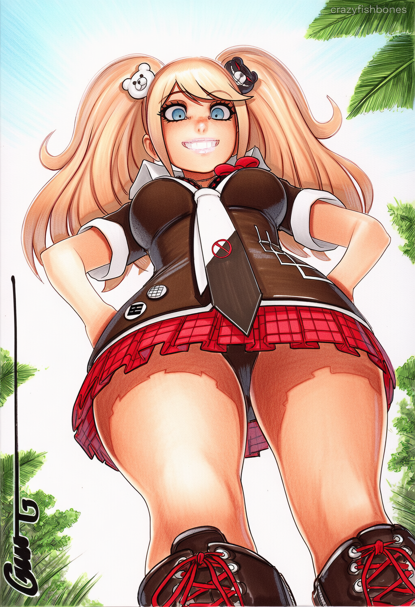 2025 ai_generated artist_name blonde_hair breasts crazyfishbones danganronpa_(series) enoshima_junko female long_hair skirt smile solo twintails