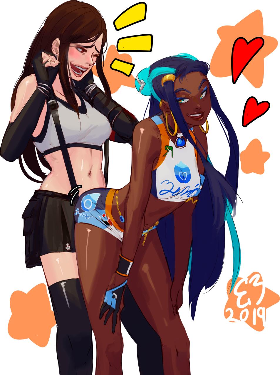 2019, 2girls, abs, ass, banirakohi, bare shoulders, belly, bent over, big breasts, black hair, blue eyes, blue hair, bracelet, breasts, brown eyes, chocolate and vanilla, clothed, crossover, dark skin, dark-skinned female, doggy style, eyeshadow, female, female only, final fantasy, final fantasy vii, game freak, gloves, grinding, human, interracial, long hair, makeup, navel, nessa (pokemon), nintendo, pokemon, pokemon ss, seductive, shirt, skirt, small breasts, smile, square enix, tank top, teeth, text, thighhighs, tifa lockhart, twerking, watermark, white background, yuri