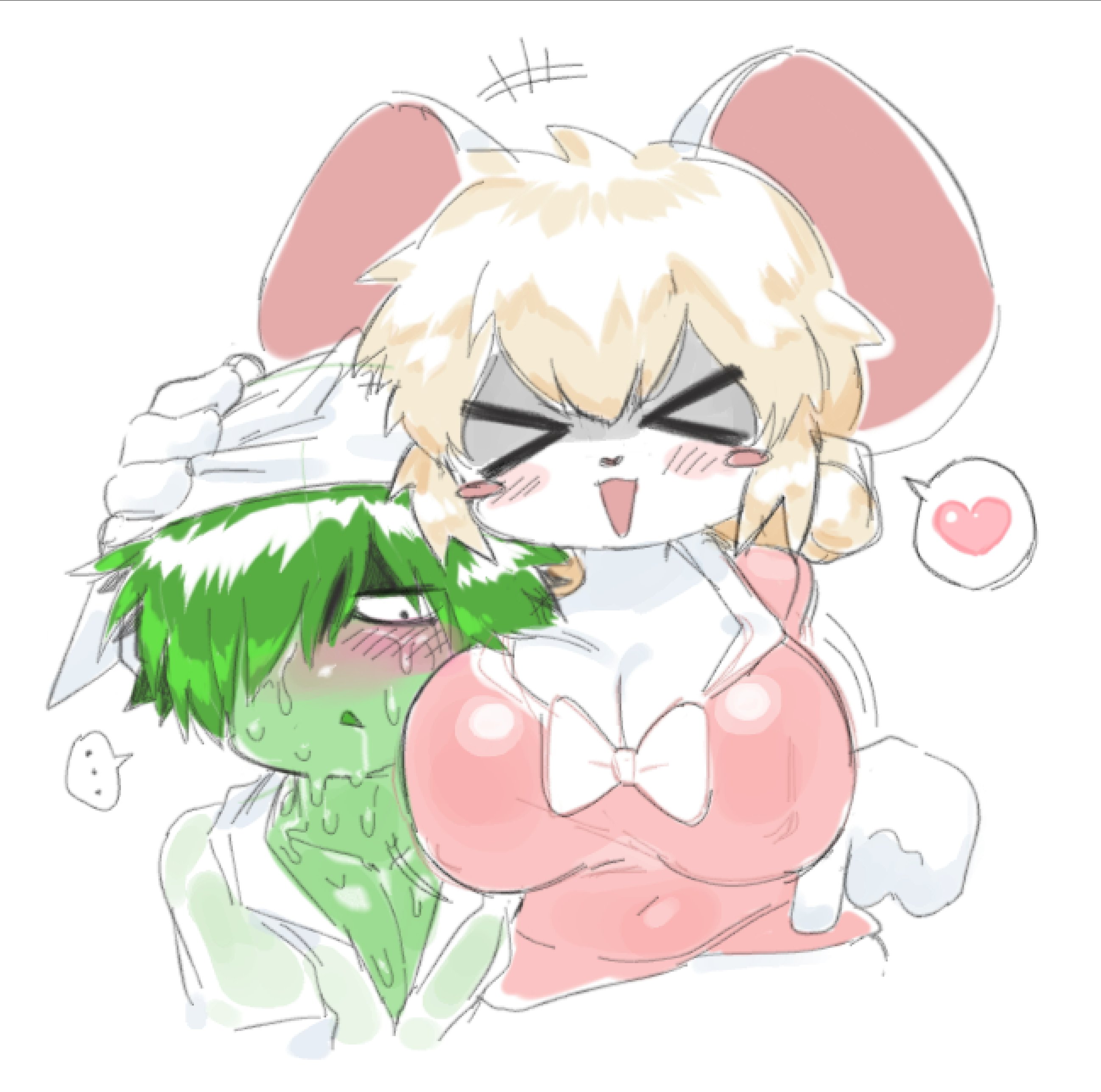 1boy, 1boy1girl, 1girl, 1girls, 2d, 2d (artwork), 2d artwork, 4 fingers, anthro, big breasts, blonde, blonde female, blonde hair, blonde hair female, blonde-haired female, blush, blush lines, blushed face, blushing, blushing male, breasts, churroo711, clothed female, damm (terrible mouse), digital art, digital drawing, digital drawing (artwork), digital media, digital media (artwork), female, green body, green hair, green skin, looking at breasts, looking down, lorna (terrible mouse), male, mouse ears, mouse girl, pink pajamas, slime boy, spoken heart, sweat, sweating, sweaty body, terrible mouse, transparent, transparent clothing, white background, white skin
