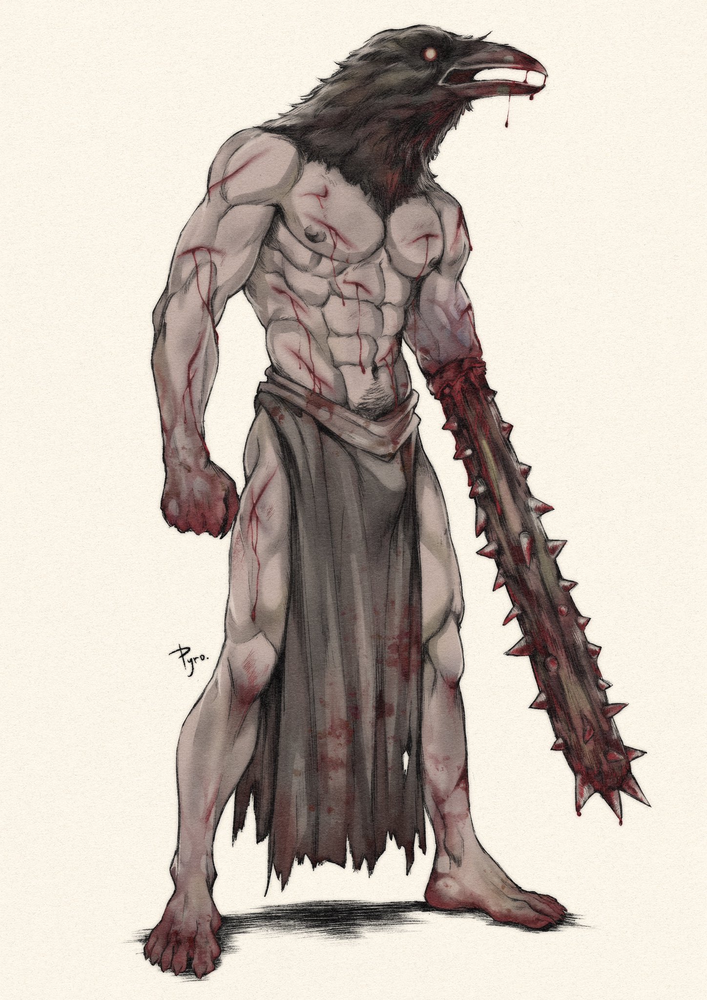 amputated arm, amputee, avian humanoid, barefoot, blood, blood stain, bulge, club (weapon), crow mauler, cuts, fear and hunger, feet, full body, gore, happy trail, kanabou, loincloth, male, male only, male pubic hair, monster, muscular, muscular male, pelvic curtain, prosthetic, prosthetic arm, pubic hair, pyro cri, solo, standing, topless, topless male, weapon