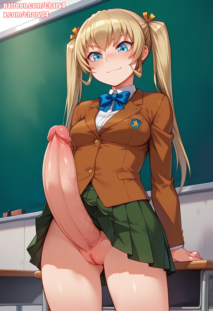 1futa, ai generated, asakura mao, blonde hair, breasts, charv, classroom, futa only, futa sans balls, futabu, futanari, herm, huge cock, intersex, penis, pussy, small breasts, thick penis, twintails