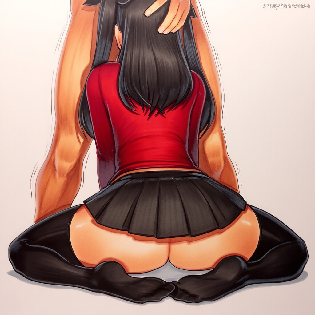 2025 ai_generated artist_name ass black_legwear black_thighhighs bottomless crazyfishbones deepthroat fate/stay_night fate_(series) female implied_fellatio long_hair microskirt pleated_skirt red_shirt skirt solo thighhighs tohsaka_rin