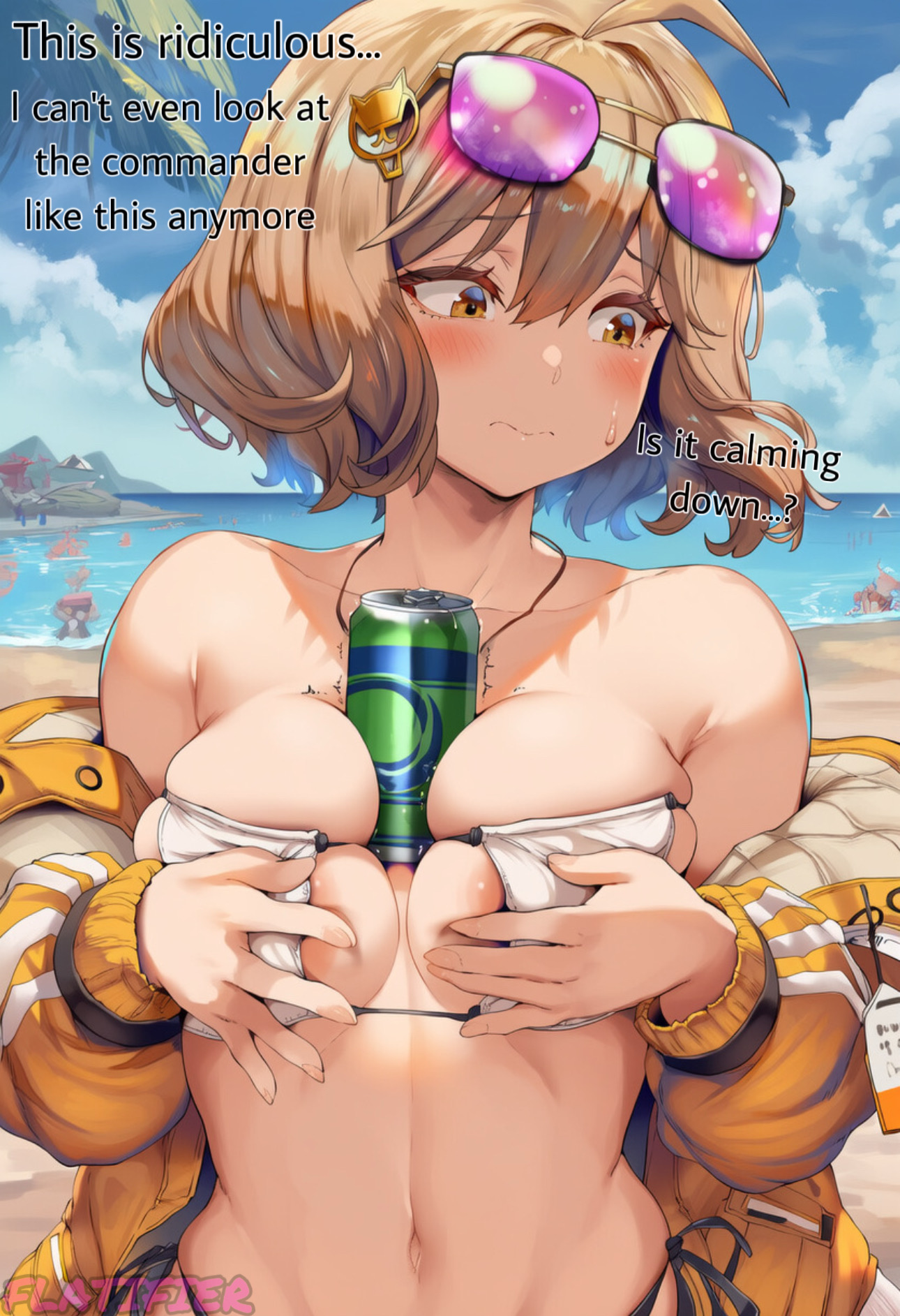 ai, ai generated, anis (nikke), anis (sparkling summer) (nikke), ass, ass expansion, ass inflation, bikini, bikini bottom, bikini top, breast reduction, breast shrinkage, breast shrinking, breasts, female, flat chest, flat chested, flatifier, gigantic ass, gigantic breasts, goddess of victory: nikke, huge breasts, massive ass, massive breasts, massive butt, medium breasts, small breasts