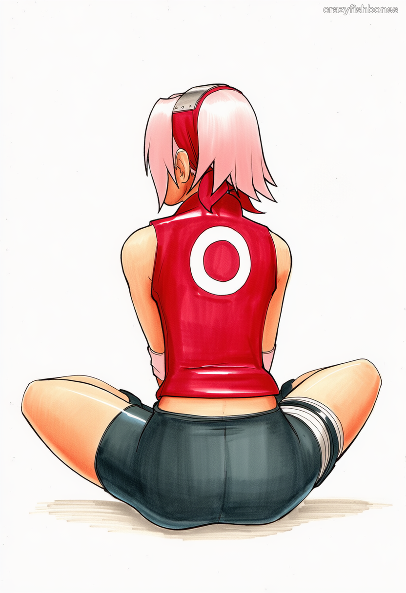 2025 ai_generated artist_name ass crazyfishbones female from_behind pink_hair sakura_haruno short_hair shorts sitting sleeveless solo