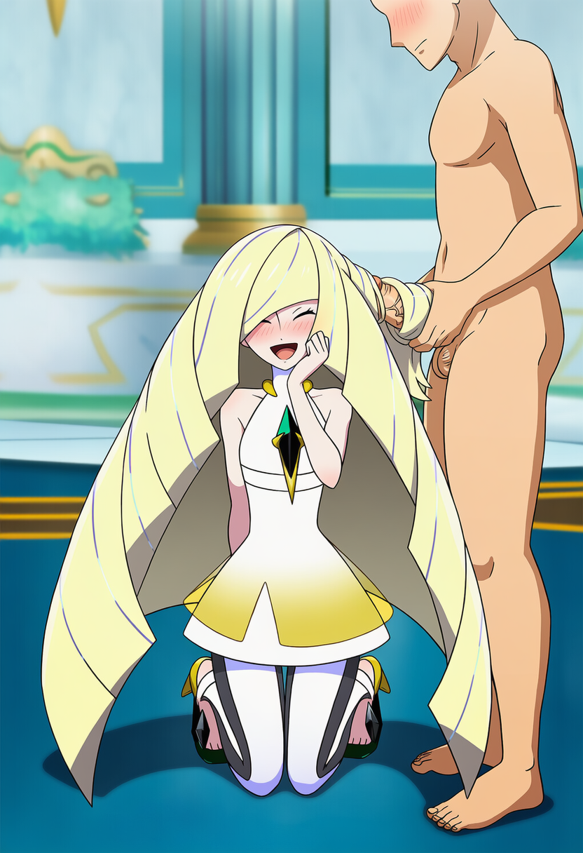 ai_generated blonde_hair clothed_female_nude_male faceless_male flustered hairjob happy kneeling lusamine_(pokemon) nintendo novelai pokemon pokemon_sm