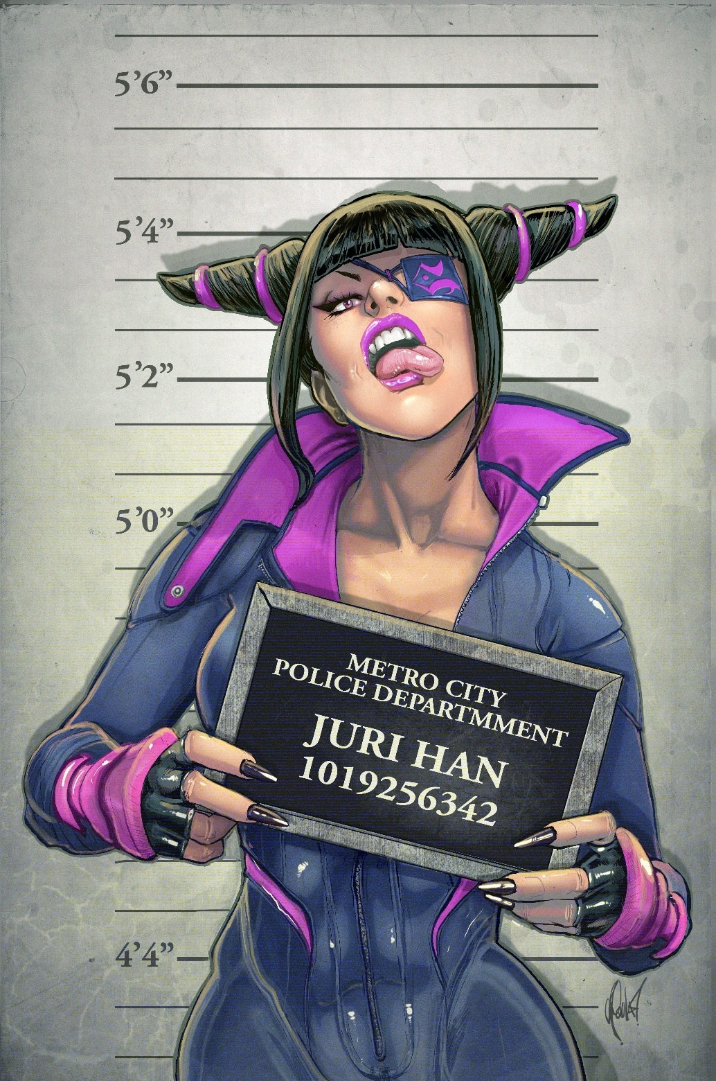 1girls, artist signature, bad bitch, bitch, bodysuit, capcom, cedric poulat, female, female only, juri han, mugshot, pink eyes, street fighter, street fighter 6, tagme, toned, toned female, tounge out, two-tone eyes