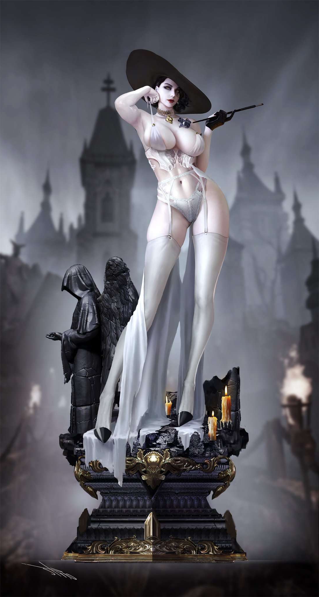 1girls, 3d, alcina dimitrescu, bewitching thighs, big breasts, black hair, black hat, breasts, female, female only, figurine, full body, garter belt, garter straps, gray body, grey body, hamajippa, hat, hourglass figure, large breasts, long legs, pale skin, panties, resident evil, resident evil 8: village, solo female, standing, thighhighs, white body, white garter belt, white garter straps, white panties, white skin, white thighhighs