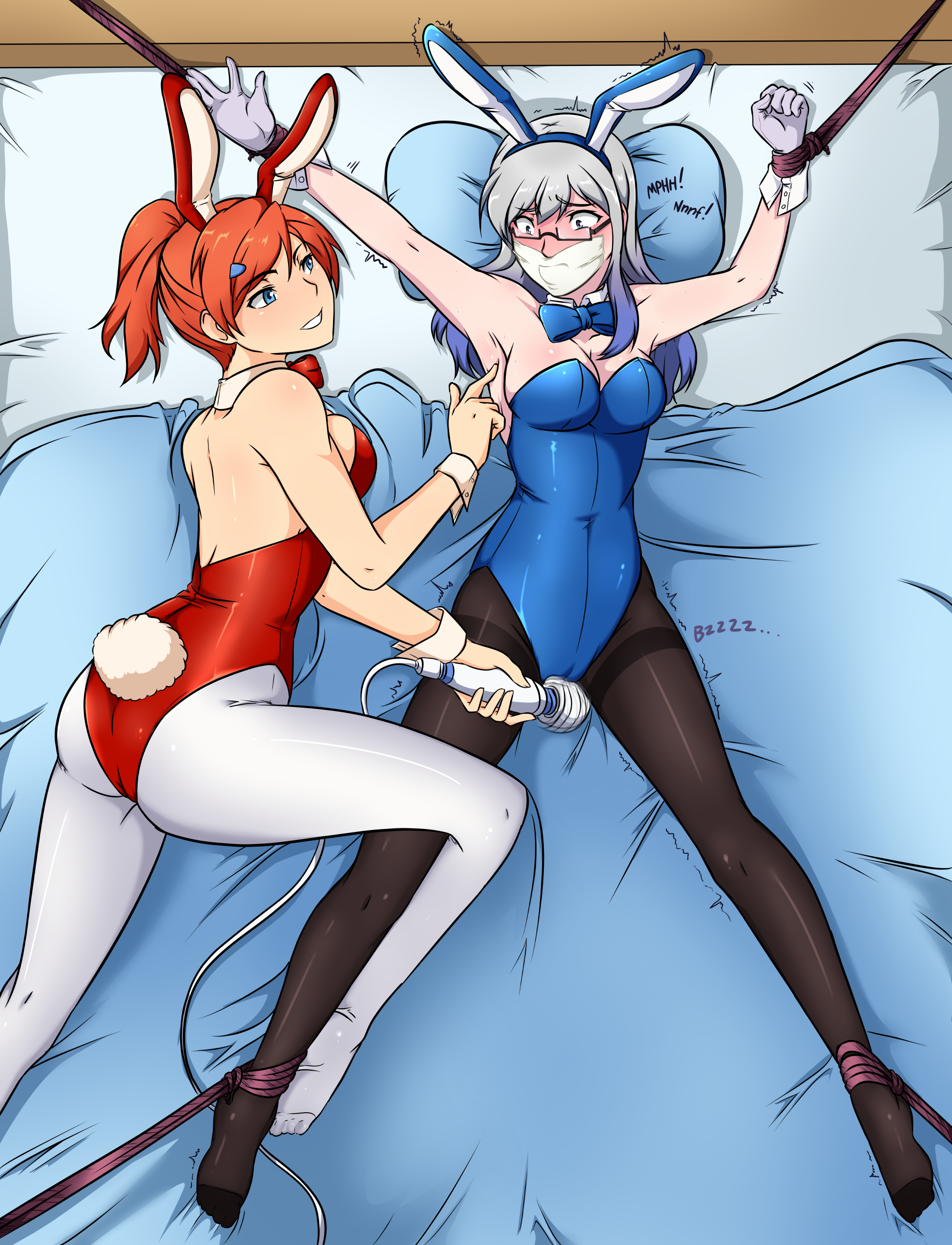 bondage, bound, bunnysuit, female, femsub, gag, gagged, hitachi magic wand, tape gag, vibrator, yuri