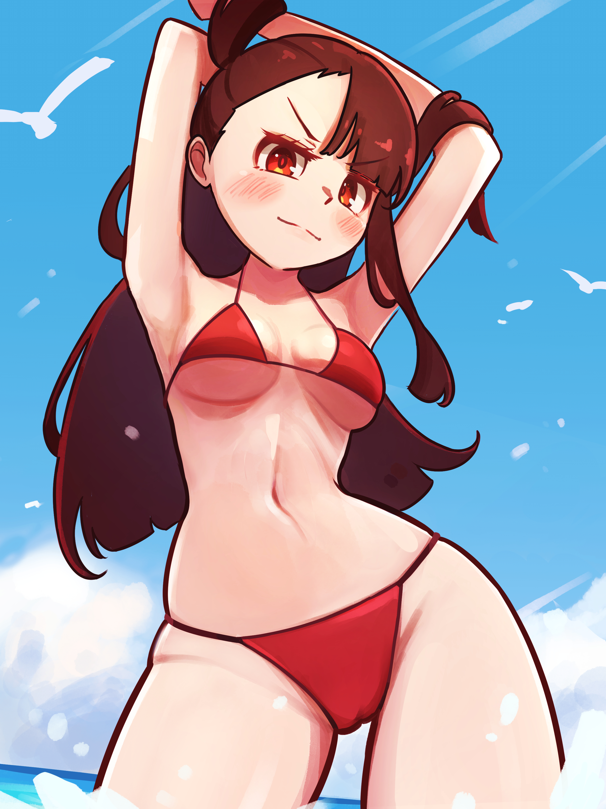 1girls, 2d, 2d (artwork), arms above head, arms behind head, atsuko kagari, bikini, blush, blushing, confident, female, female only, frown, frowning, frowning at viewer, little witch academia, looking at viewer, looking down, madabauillust, outside, pose, posing, studio trigger, swimsuit, thighs