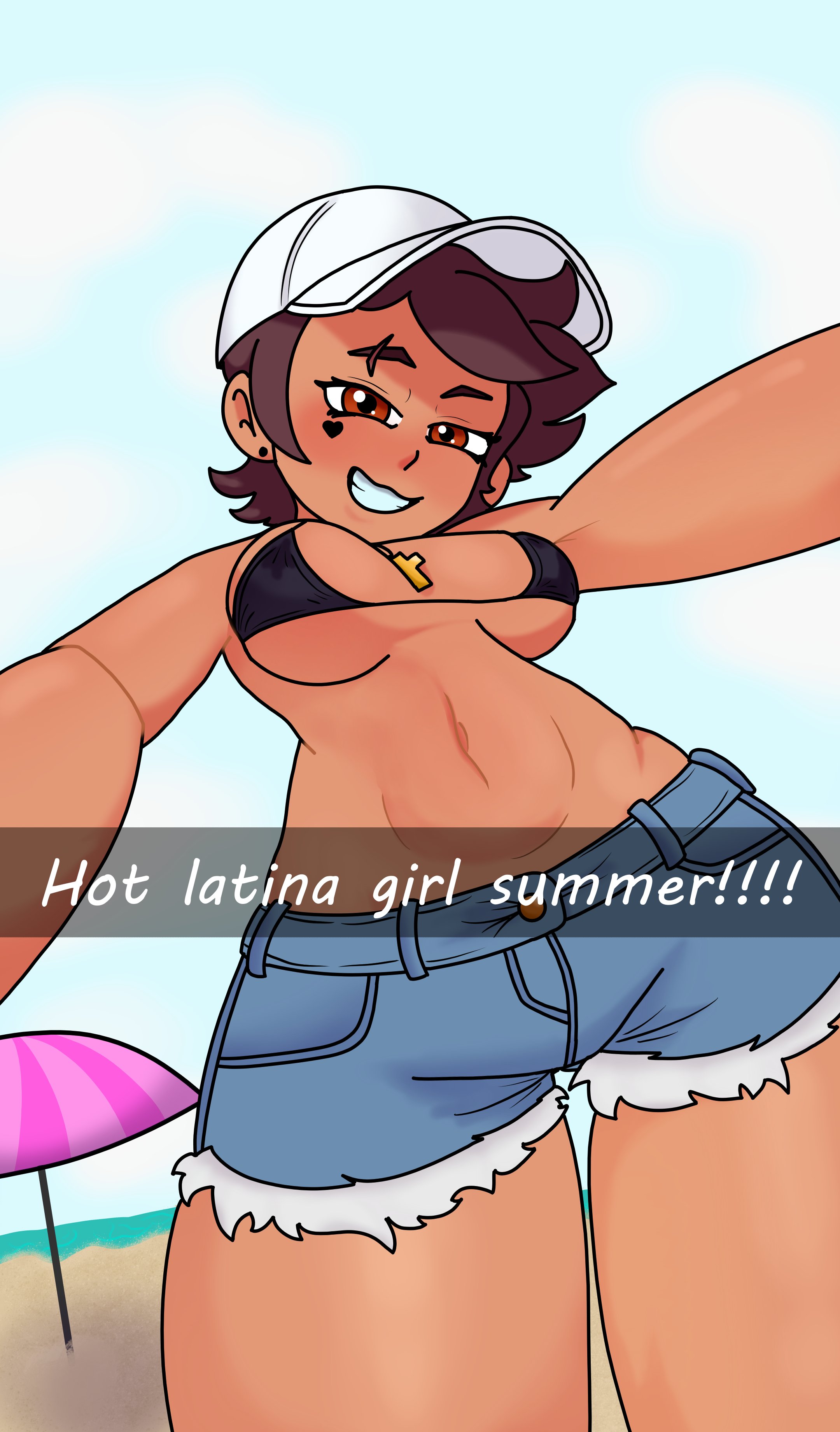 1girls, bikini top, breasts, brown hair, dark skin, dark-skinned female, denim shorts, disney, disney channel, disney xd, female, female focus, female only, latina, looking at viewer, luz noceda, medium breasts, smile, smiling, smiling at viewer, the owl house, thetastefulgenie