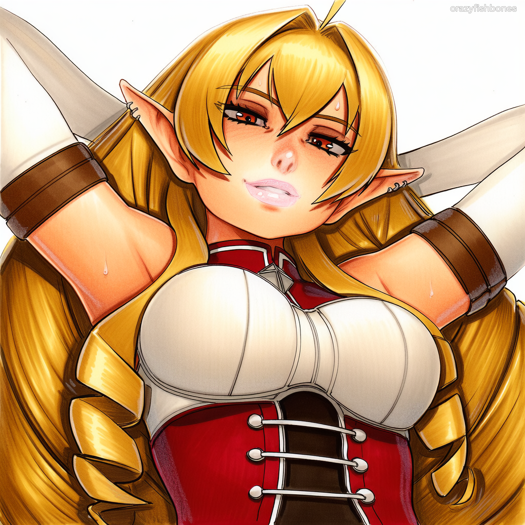 2025 ai_generated armpits artist_name blonde_hair breasts crazyfishbones elf elinalise_dragonroad female large_breasts long_hair looking_at_viewer pointy_ears solo