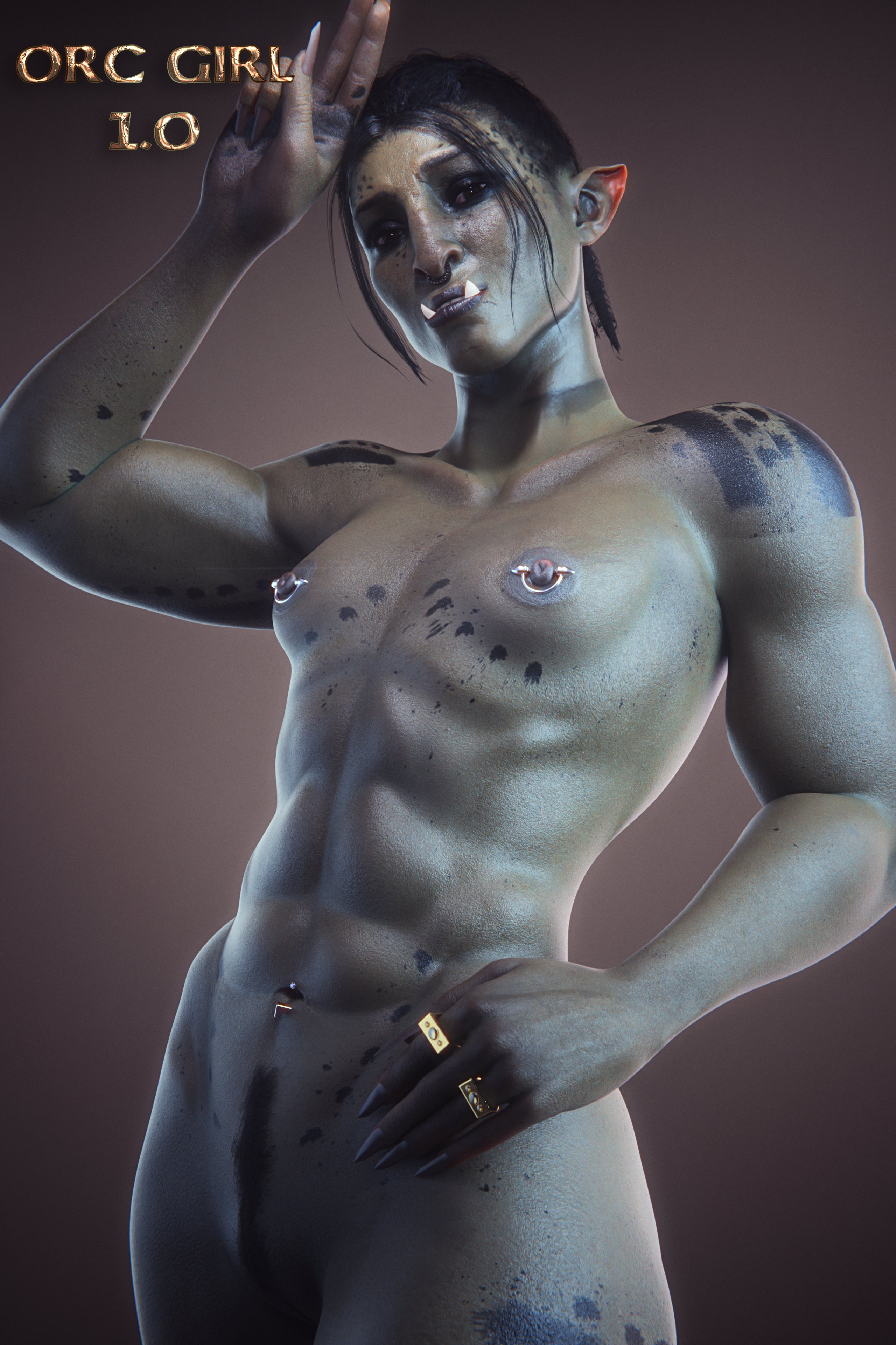 1girls, 3d, 3d (artwork), 3d model, 3d render, abs, athletic, athletic female, belly piercing, breasts, female, gold jewelry, green skin, long fingernails, muscular, muscular female, navel piercing, nipple piercing, nipples, orc, orc female, pastelhole, piercing, pointy ears, pubic hair, ring, six pack, small breasts, tattoo, tribal markings
