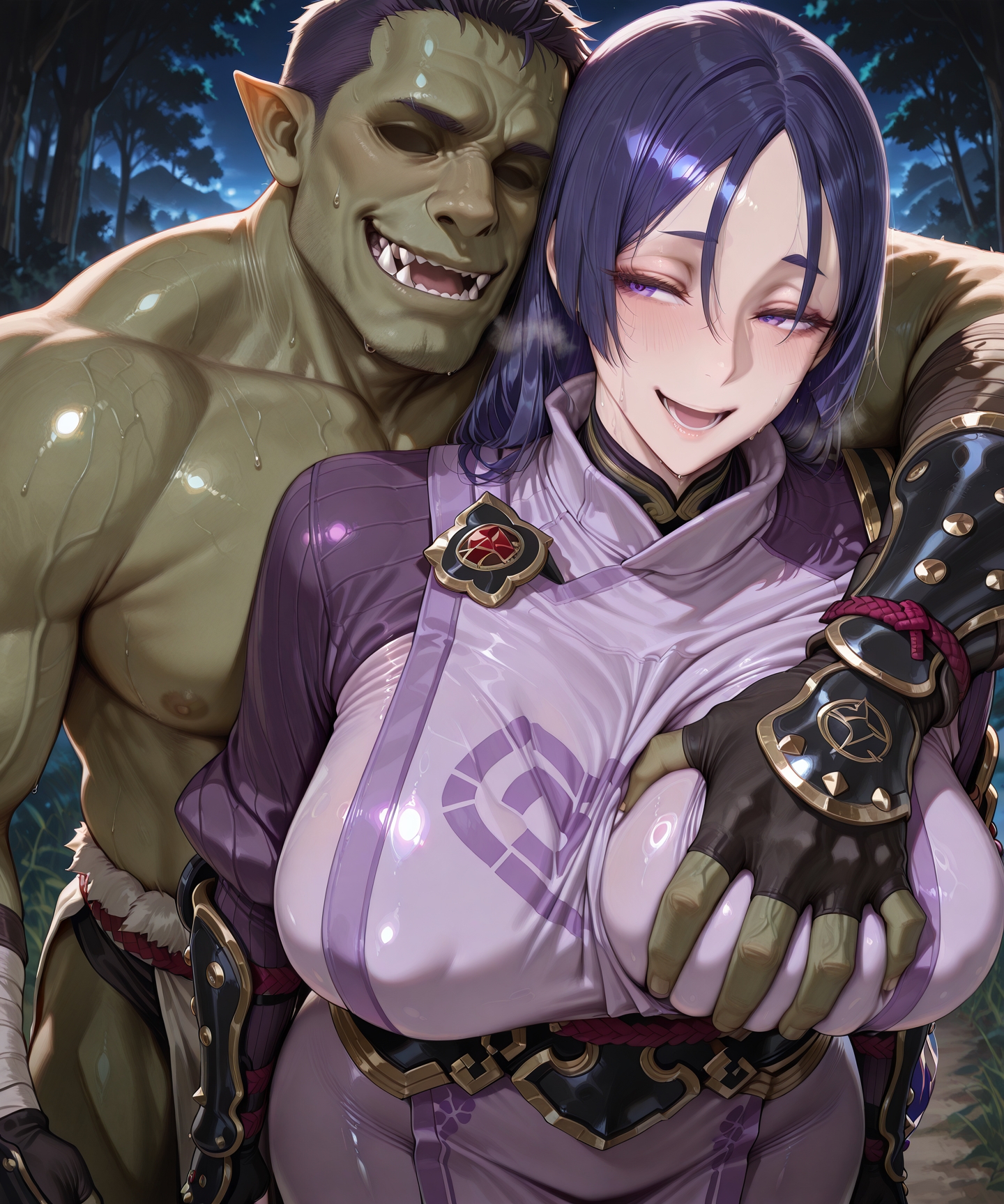 1male1female, ai generated, arm around partner, arms around shoulders, breast grab, breasts, didn't hate it, fangs, fate (series), fate/grand order, female, forest background, groping, groping breast, horny, horny female, horny smile, huge boobs, huge breasts, human female, in the woods, letting it happen, long-haired female, male, mature female, mature woman, milf, minamoto no raikou (fate/grand order), muscular, muscular male, night time, orc, orc male, orc on human, purple eyes, smile, smiling, steamy breath, voluptuous breasts, voluptuous female, wanting sex