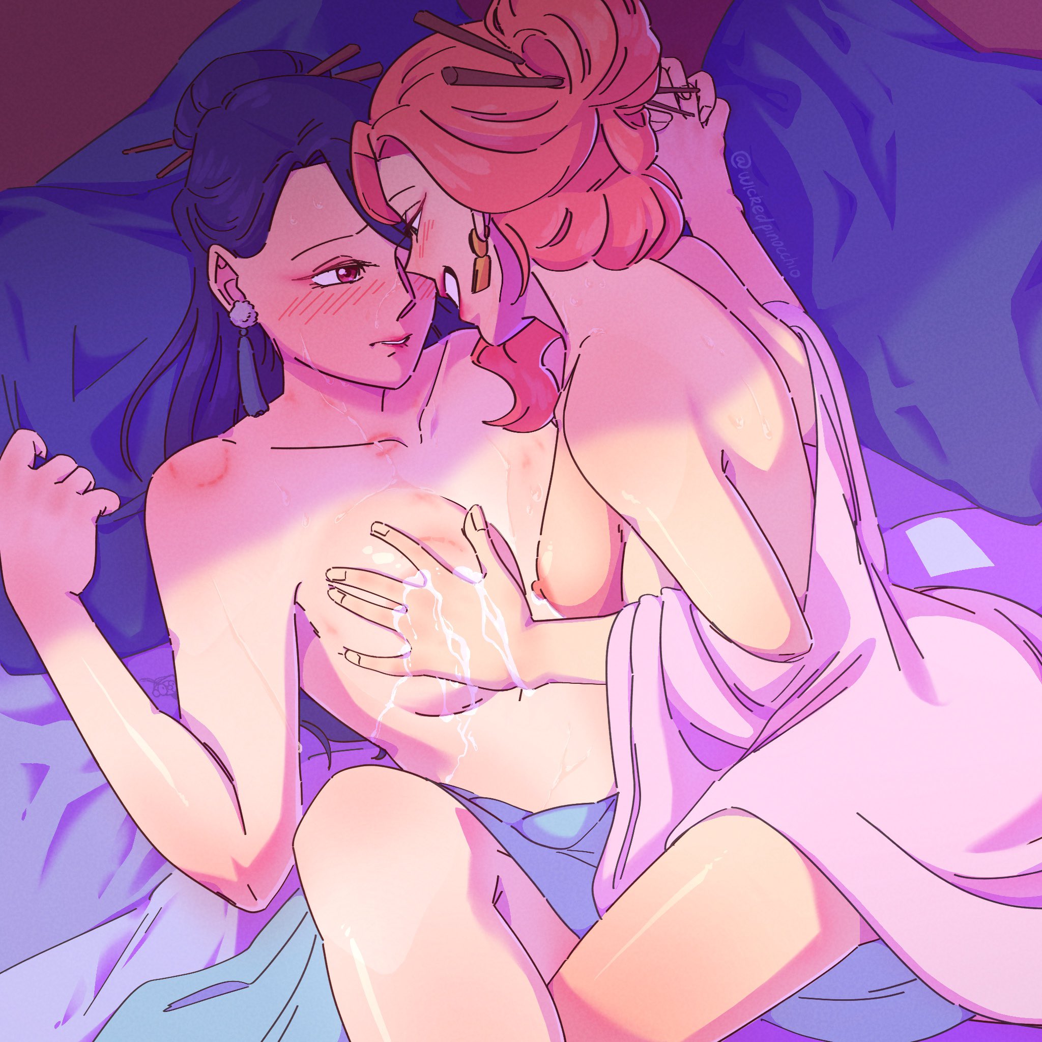 2girls, bite mark, blush, breasts, concubine, consort, dark blue hair, female, female only, female/female, groping breasts, gyokuyou (kusuriya no hitorigoto), hickey, kusuriya no hitorigoto, lactation, lesbian sex, lihua (kusuriya no hitorigoto), milking breasts, multiple females, multiple girls, nude, nude female, pink hair, wickedpinocchio, yuri