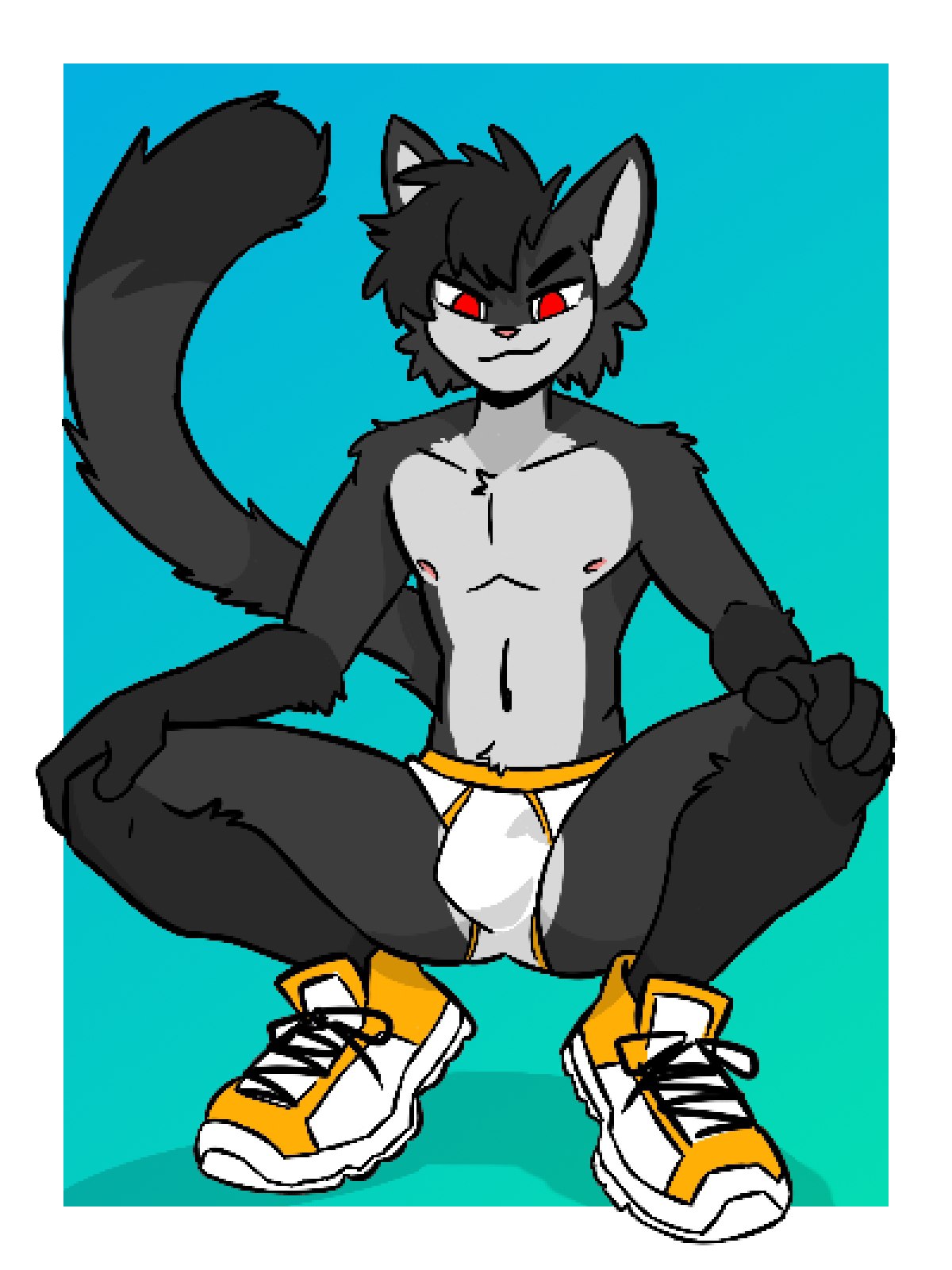 3:4 anthro bottomwear briefs bulge clothed clothing crouching danny_arctic_(artist) domestic_cat felid feline felis footwear fur grey_body grey_fur hair hi_res looking_at_viewer low-angle_view male mammal pixelated shoes simple_background sneakers solo underwear