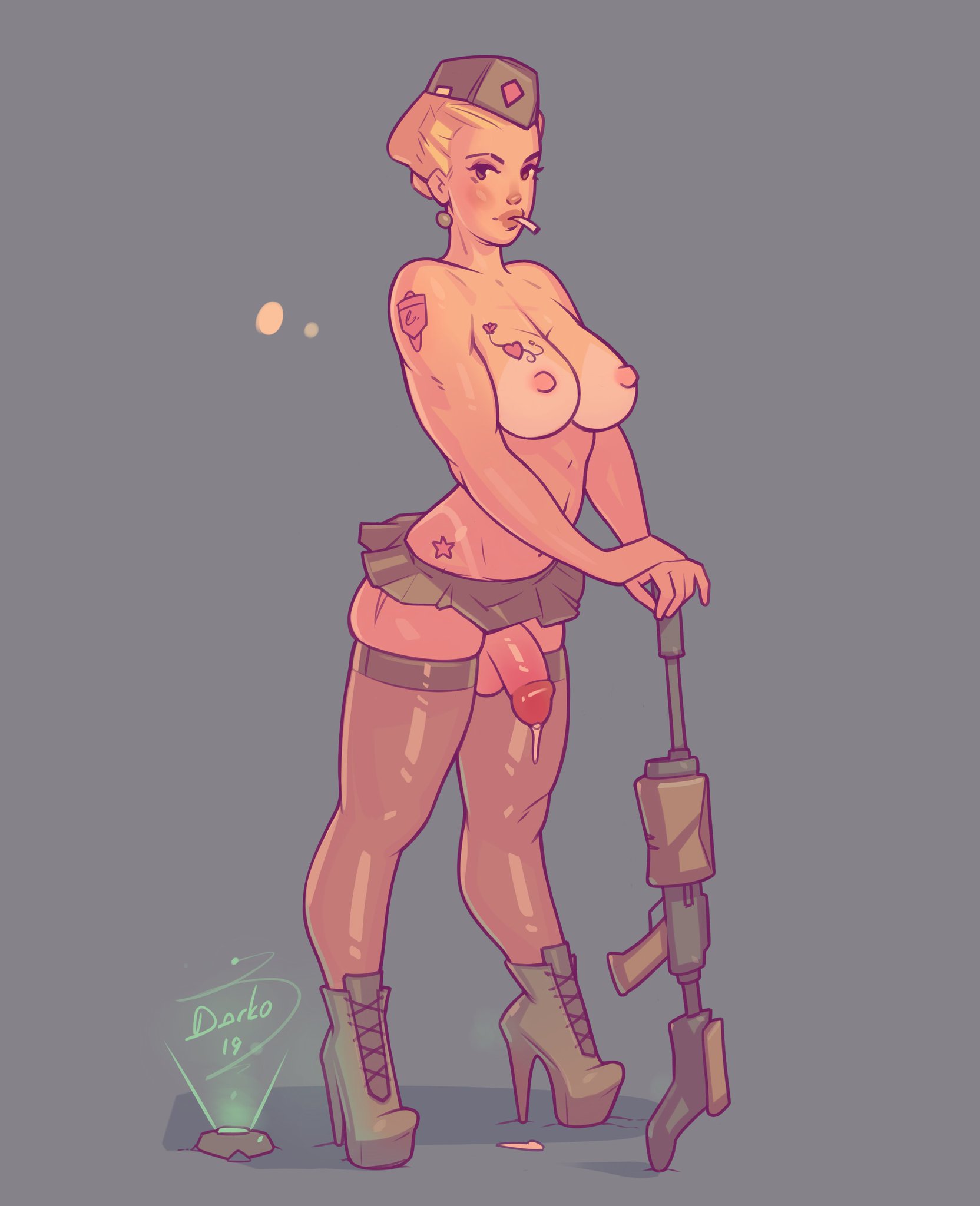 balls, big breasts, breasts, cigarette, darkodraws, dickgirl, futa only, futanari, high heel boots, intersex, precum, rifle, skirt, tan, tanline, tanlines, thighhighs