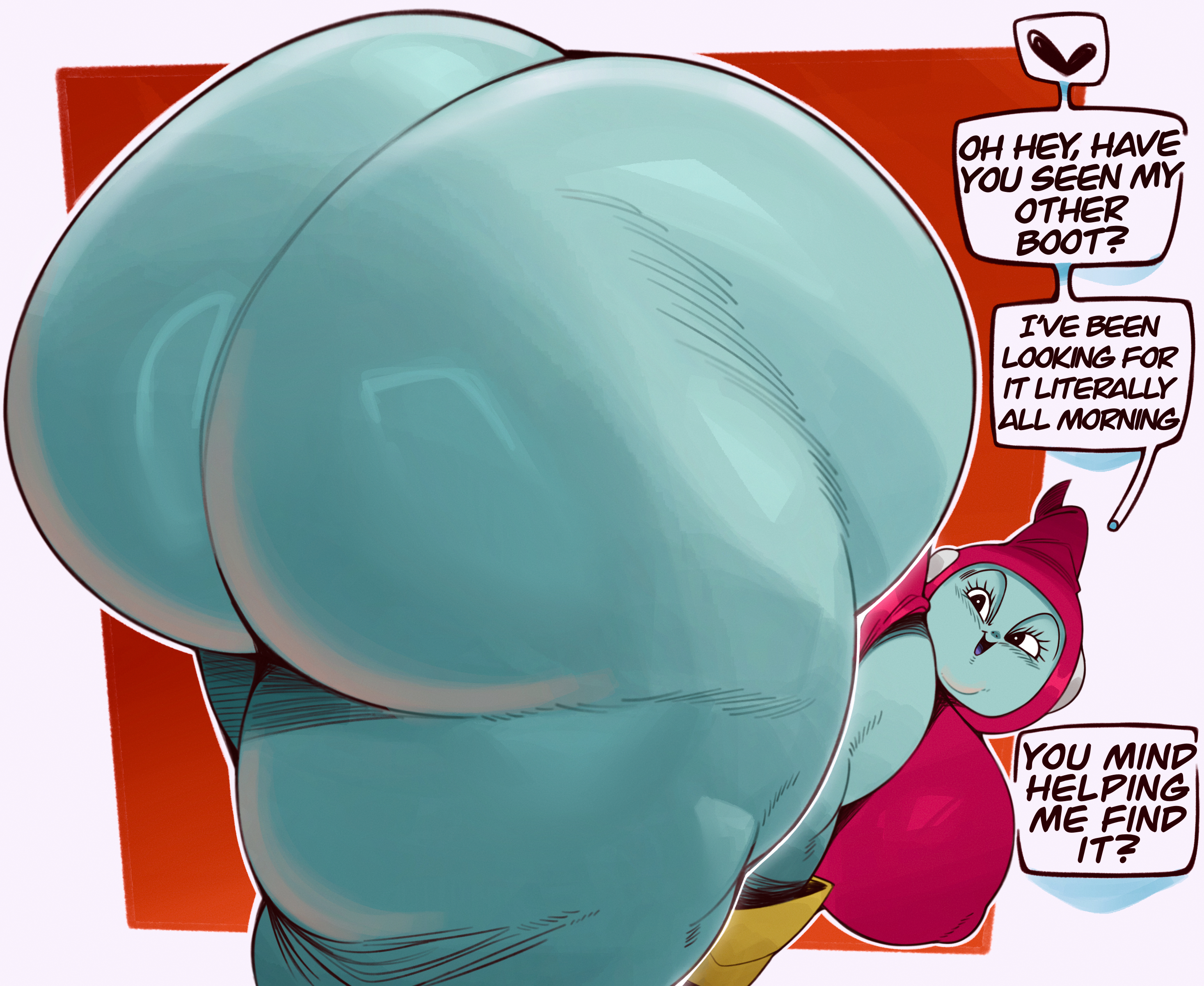 1girls, ass, ass focus, bbw, bent over, big ass, big breasts, black eyes, blue body, blue skin, breasts, darkgoku, dragon ball, dragon ball super, female, female only, gigantic ass, happy, huge ass, huge breasts, hyper ass, large ass, looking at viewer, looking back, massive ass, massive butt, no panties, no pants, purple tongue, red hood, ribrianne, text, text bubble, thick thighs, white background, wide hips, yellow gloves