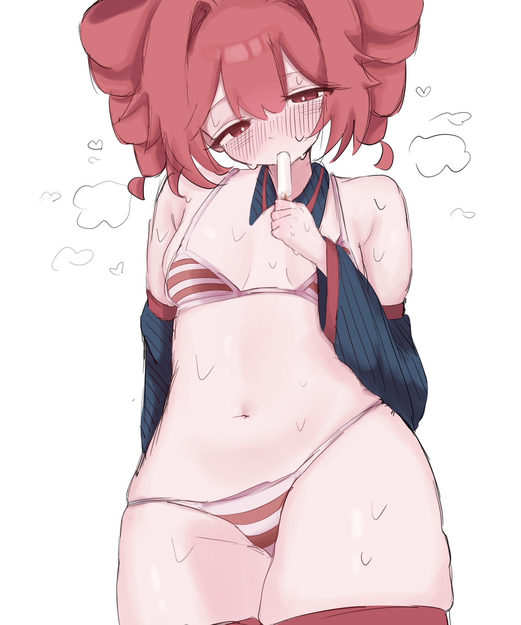 1girls, 2d, 2d (artwork), blush lines, bra, breasts, detached collar, detached sleeves, female, female only, heart, hearts around head, horny, horny female, huge thighs, kasane teto, low-angle view, navel, panties, plump, plump thighs, popsicle, red eyes, red hair, skindentation, slightly chubby, slightly chubby female, small breasts, solo, solo female, steam, steaming body, striped panties, striped underwear, sucking, sucking popsicle, sweat, sweating, thick thighs, thigh gap, thighhighs, thighs, twin drills, underwear, ur (ur o ), utau, white background, wide hips