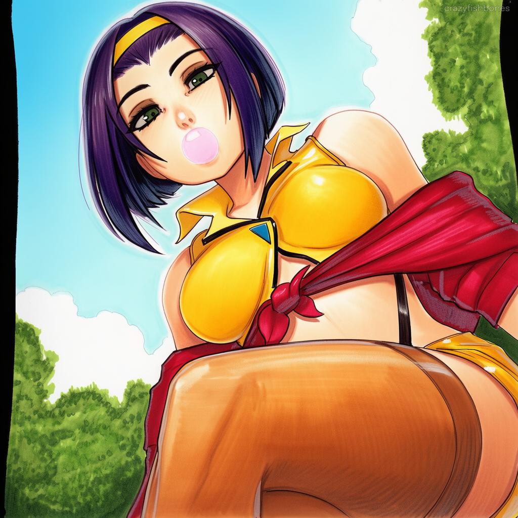 2025 ai_generated artist_name bikini breasts crazyfishbones day faye_valentine female green_eyes large_breasts purple_hair short_hair solo swimsuit