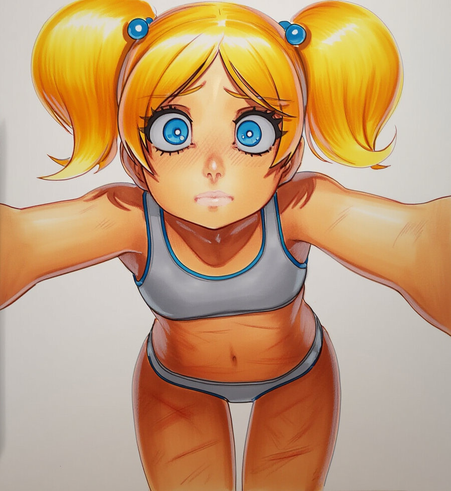 2025 ai_generated artist_name blonde_hair blue_eyes breasts bubbles_(ppg) crazyfishbones female hair_ornament looking_at_viewer navel solo twintails underwear