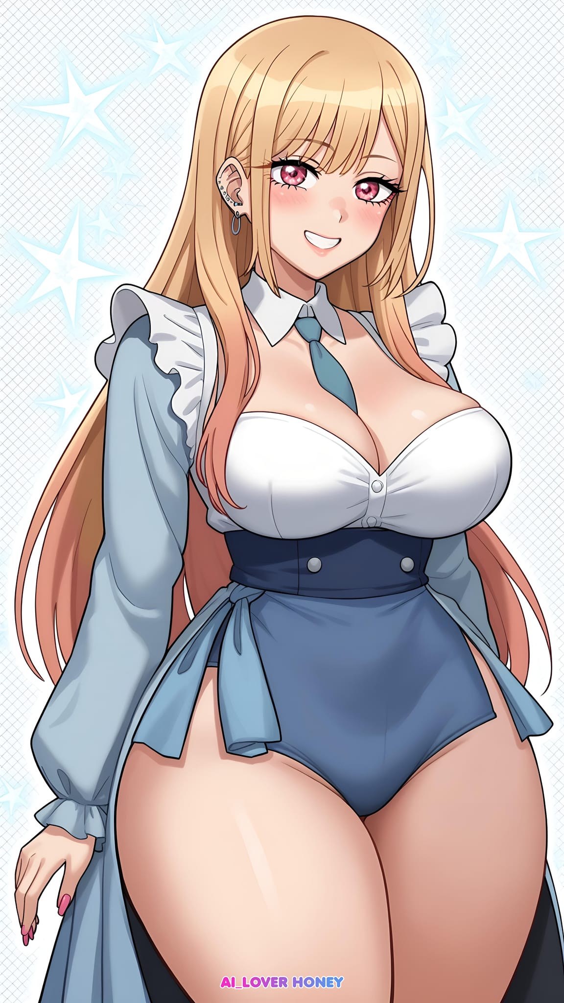1girls ai_generated ai_loverhoney blonde_hair cleavage earrings female kitagawa_marin large_ass large_breasts light_skin looking_at_viewer solo sono_bisque_doll_wa_koi_wo_suru thick_thighs tie